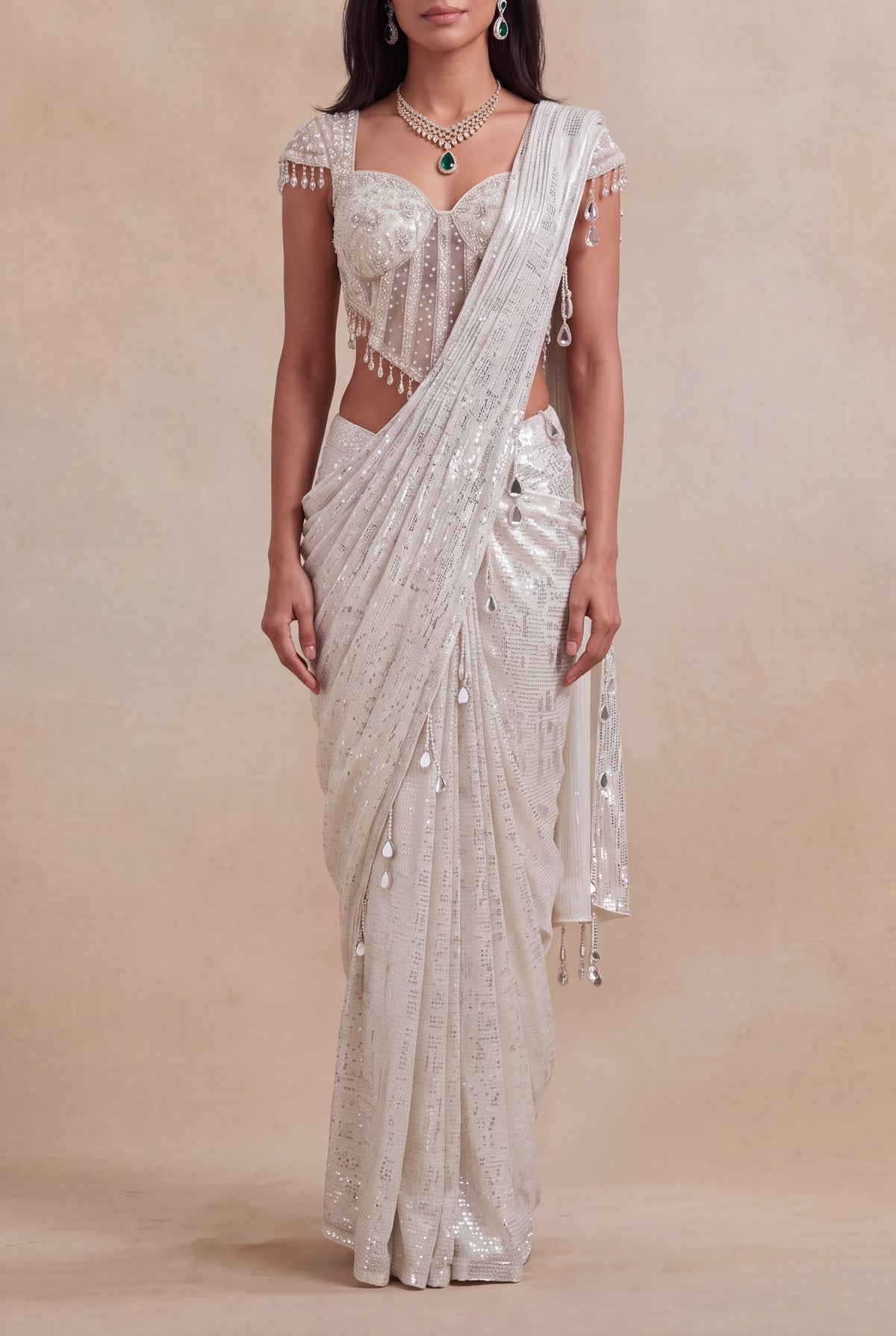 Ivory Net Drape Saree with Embellished Corset Blouse
