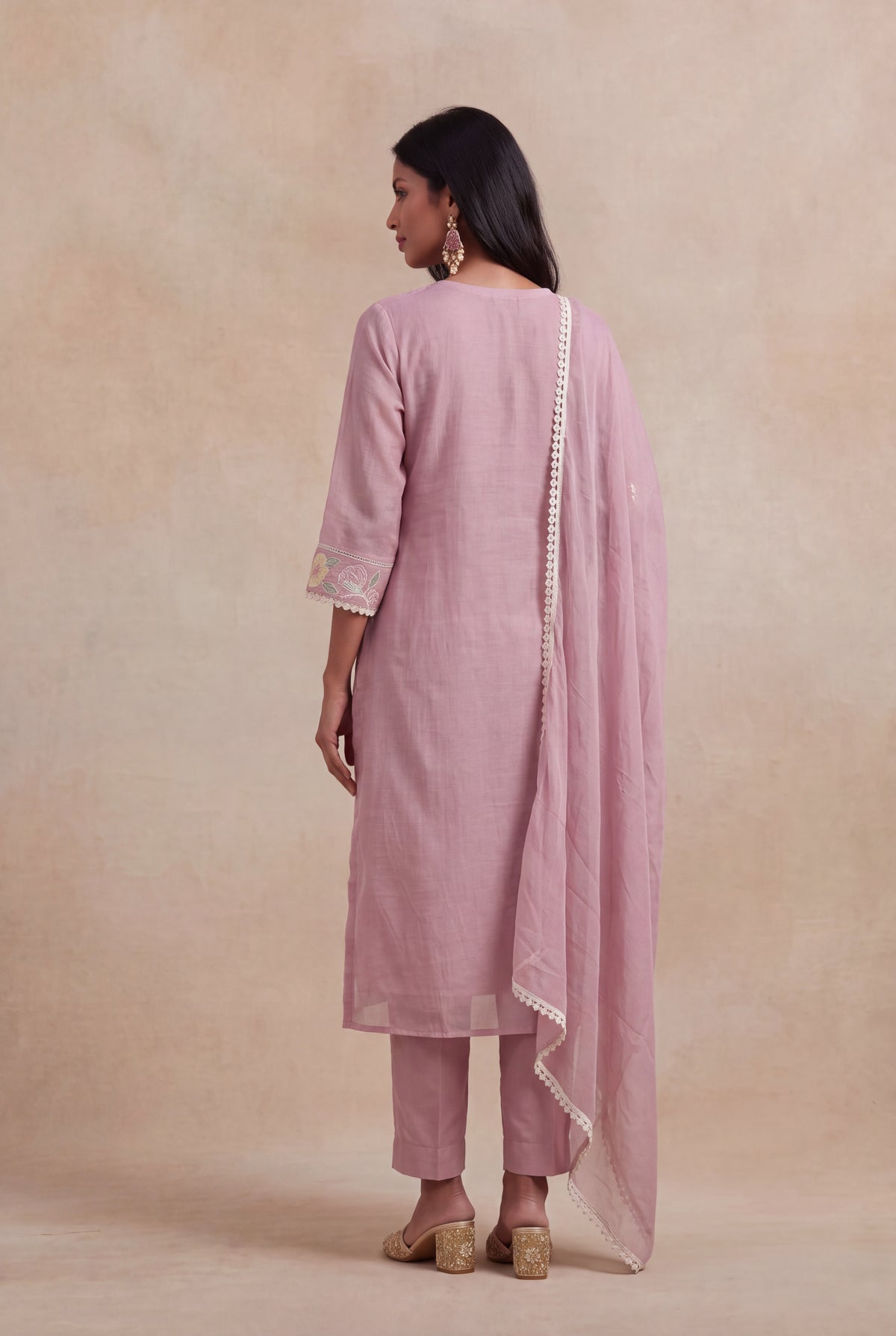 Dusty Rose Mul Cotton Embroidered Kurti Set