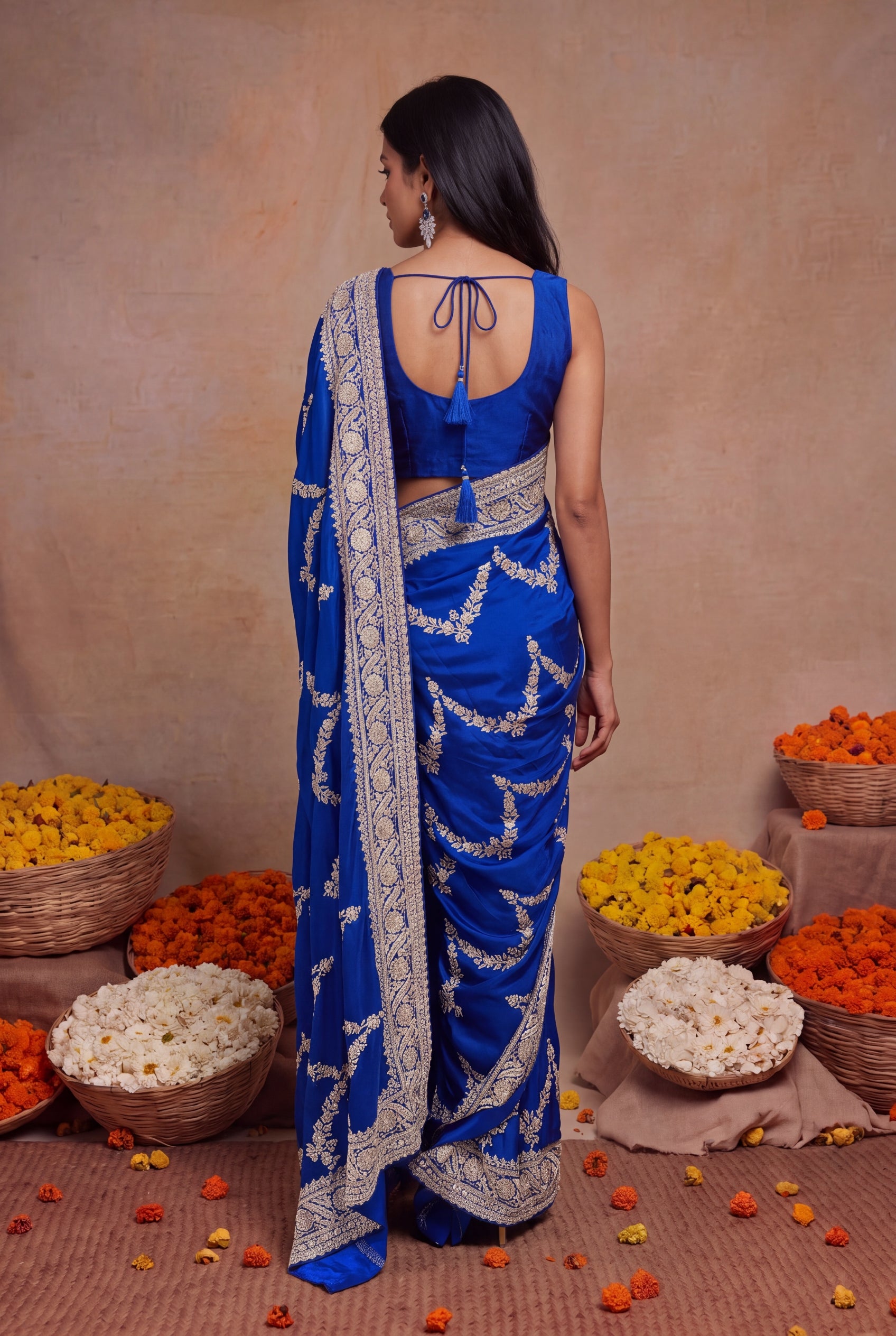Ink Blue Satin Saree with Zardosi Embroidery