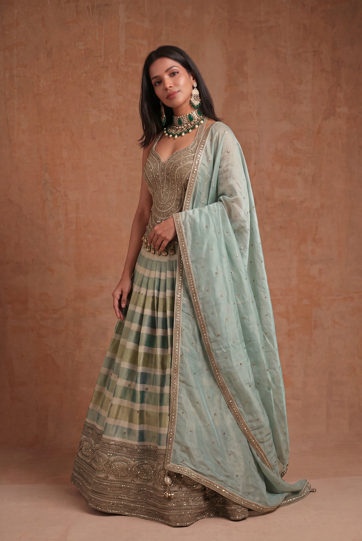 Sage Green Checked Tissue Lehenga