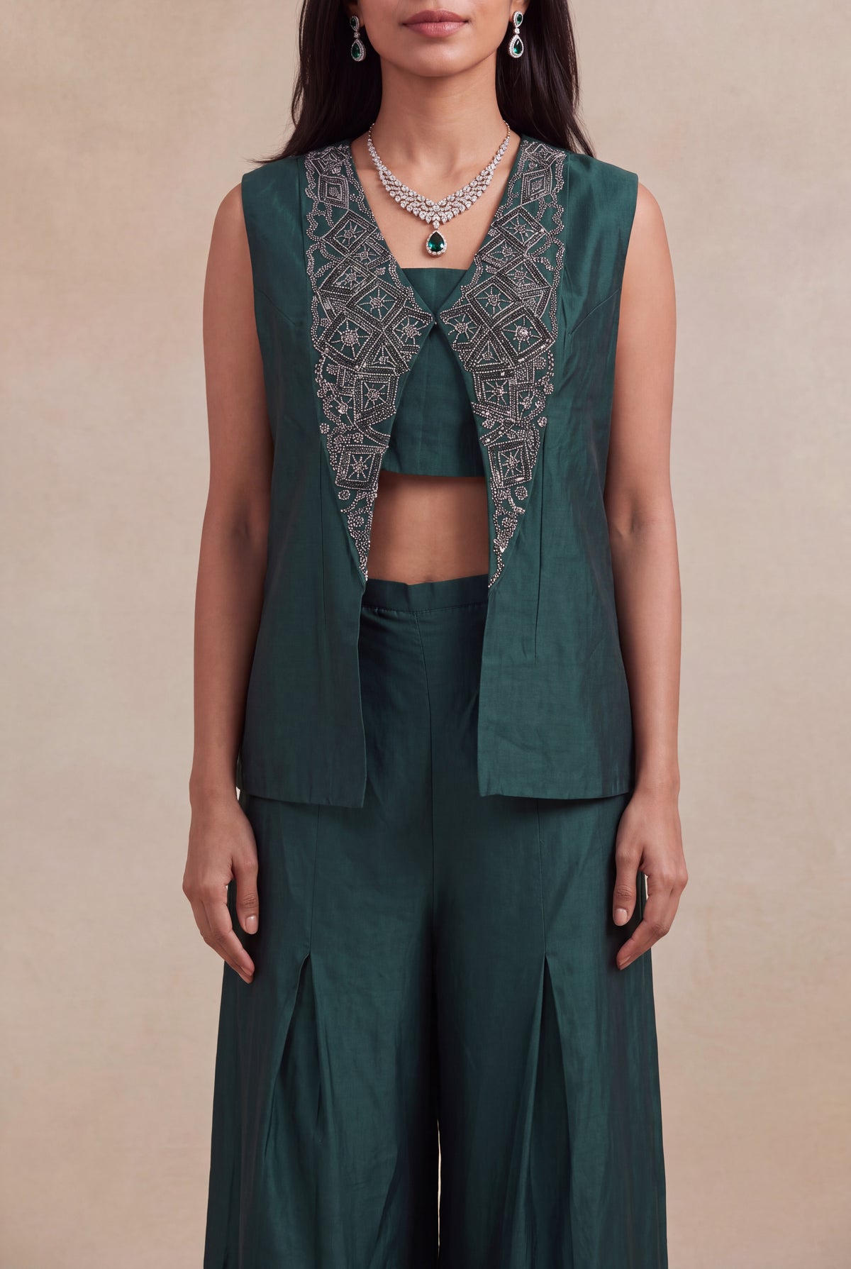 Emerald Green Silk Indo-Western Three-Piece Set