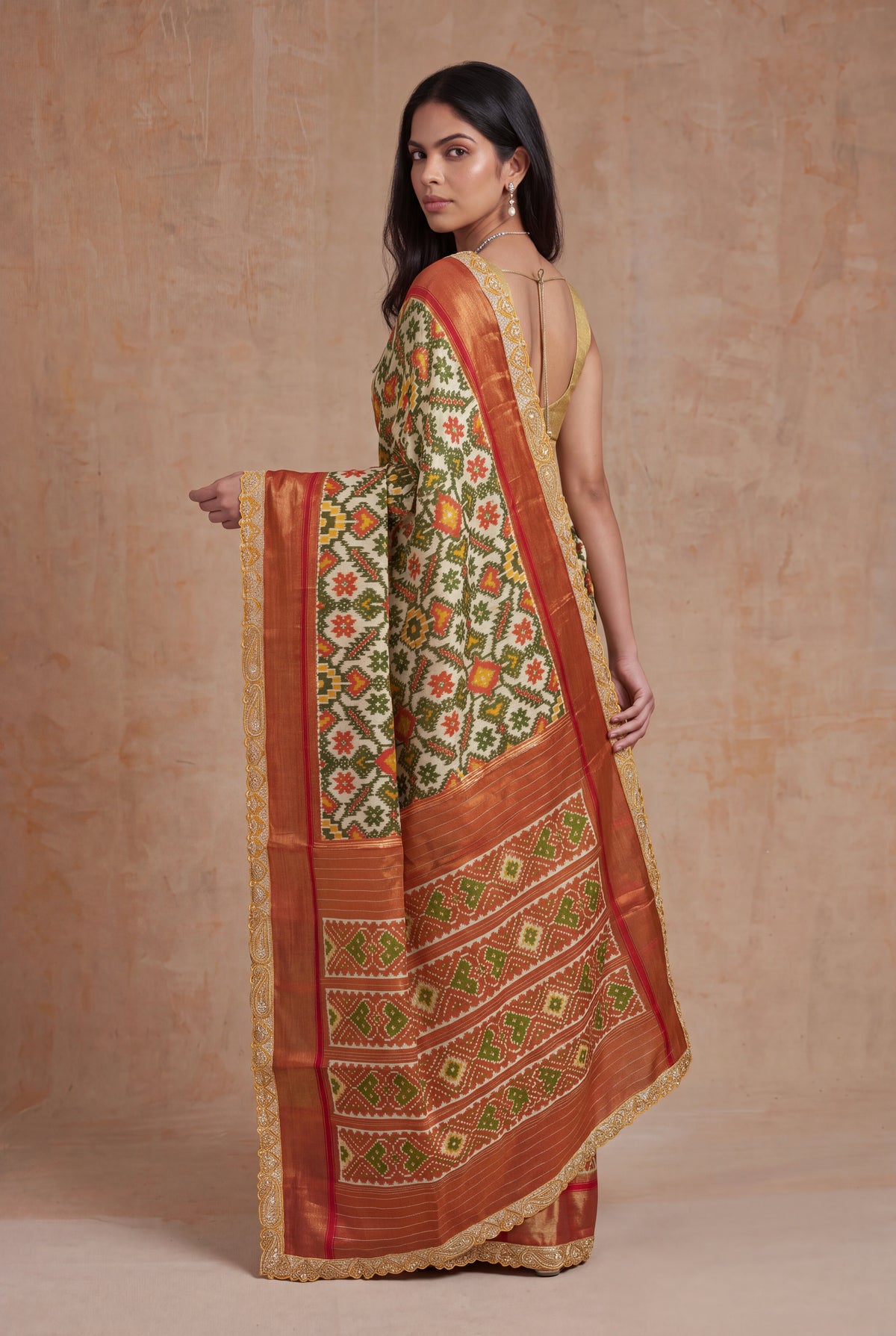Cream Multicolor Ikat Tissue Silk Saree