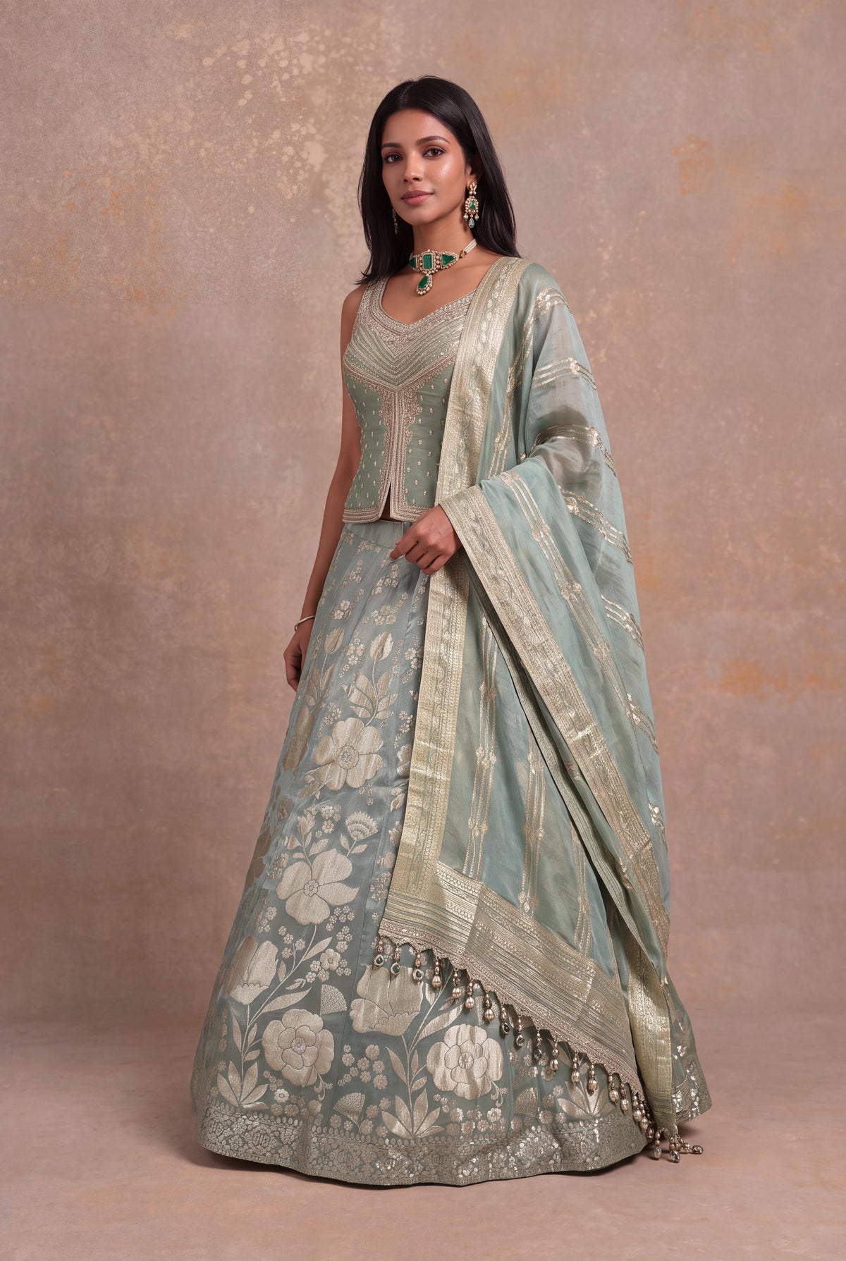 Sage Green Banarasi Tissue Silk Lehenga with Embellished Blouse