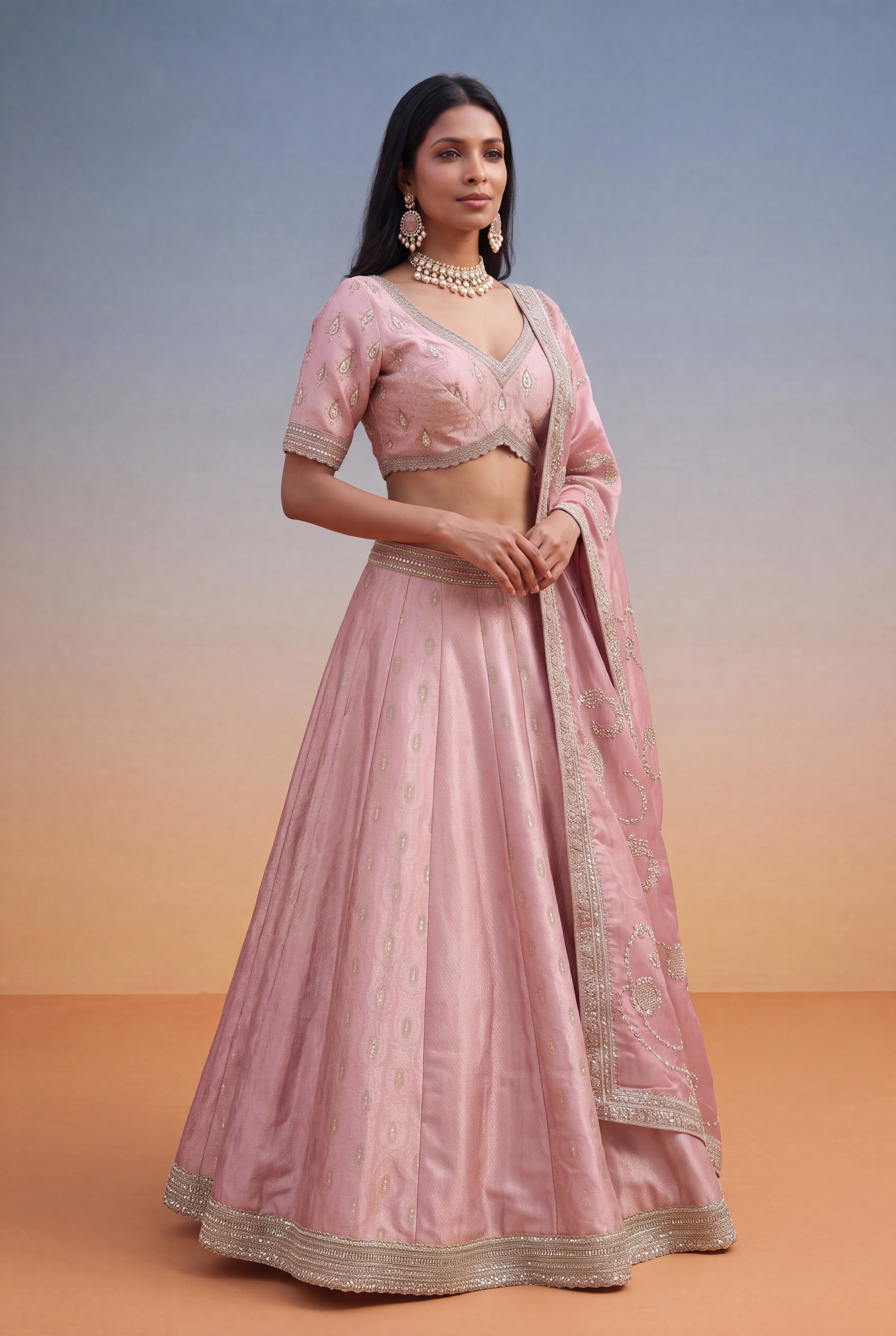 Dusty Pink Banarasi Silk Lehenga with Kutdana & Pearl Embroidery