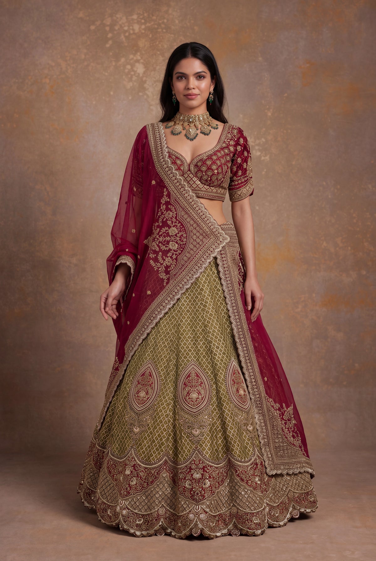 Olive Green Printed Silk Lehenga Set with Zardozi and Cutdana Work