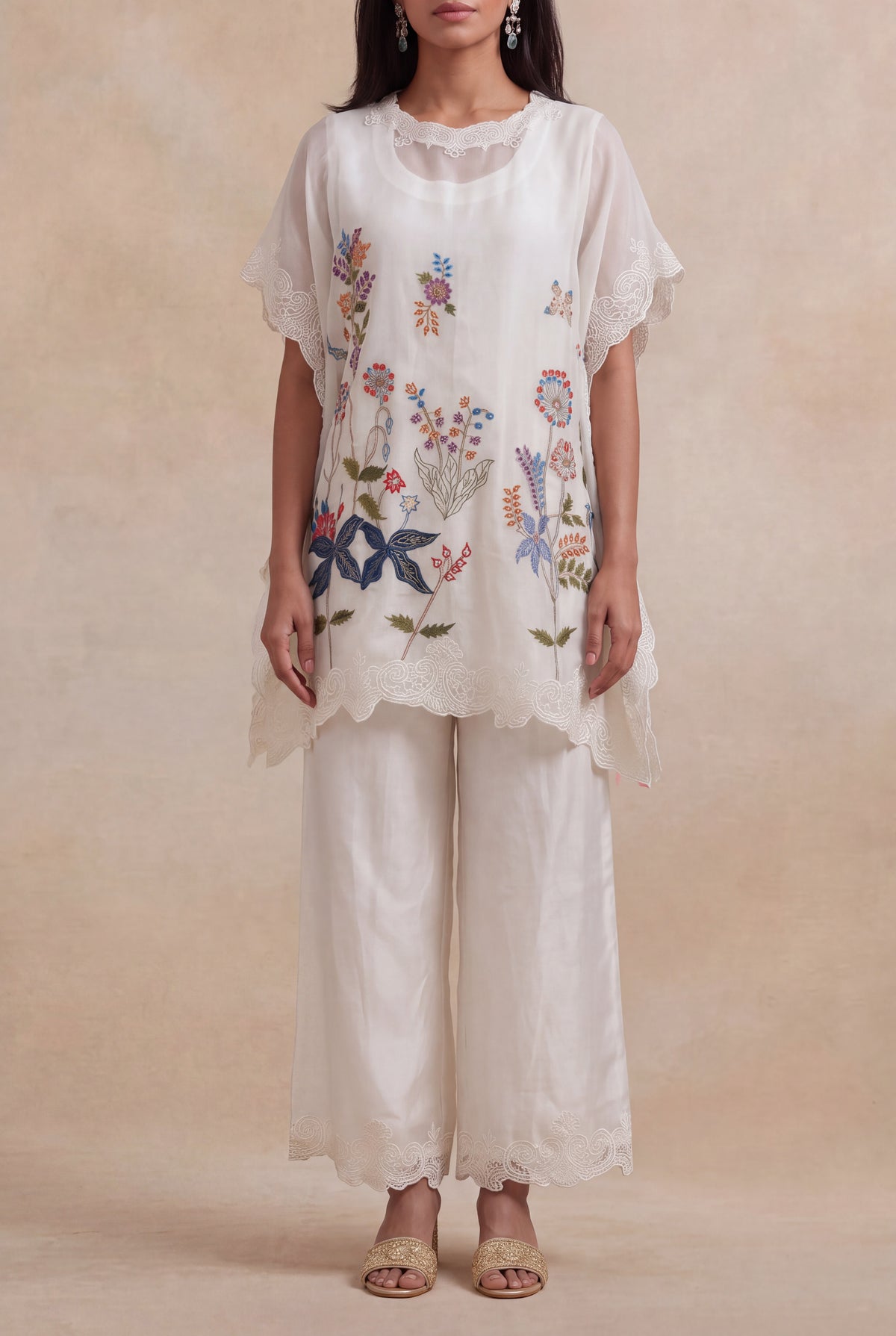 Ivory Organza Kaftan with Floral Thread Embroidery