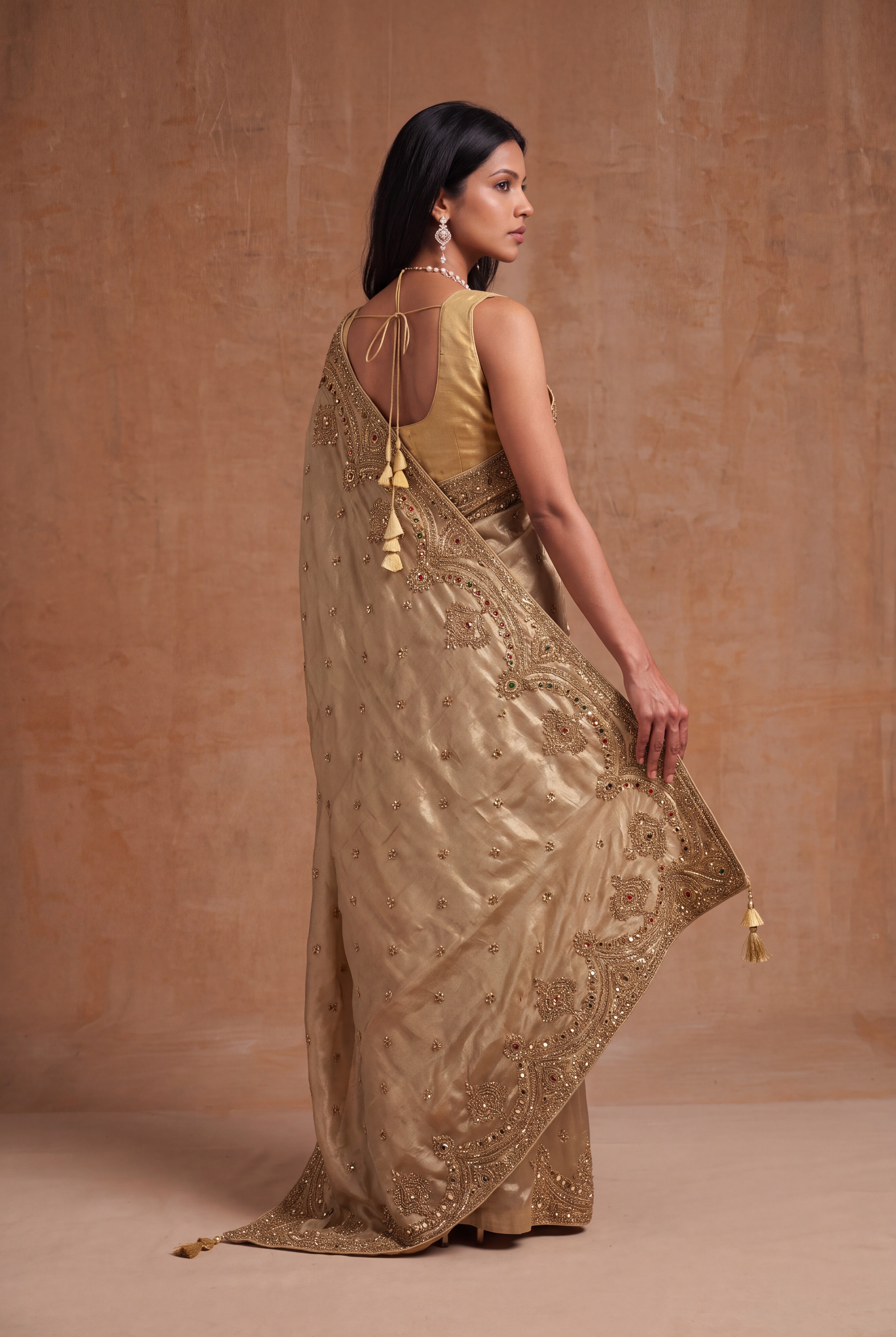 Antique Gold Tissue Zardosi Saree