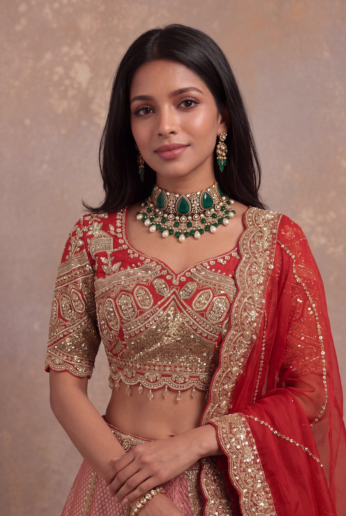 Rust Orange Banarasi Tissue Lehenga Set with Zardozi Embroidery