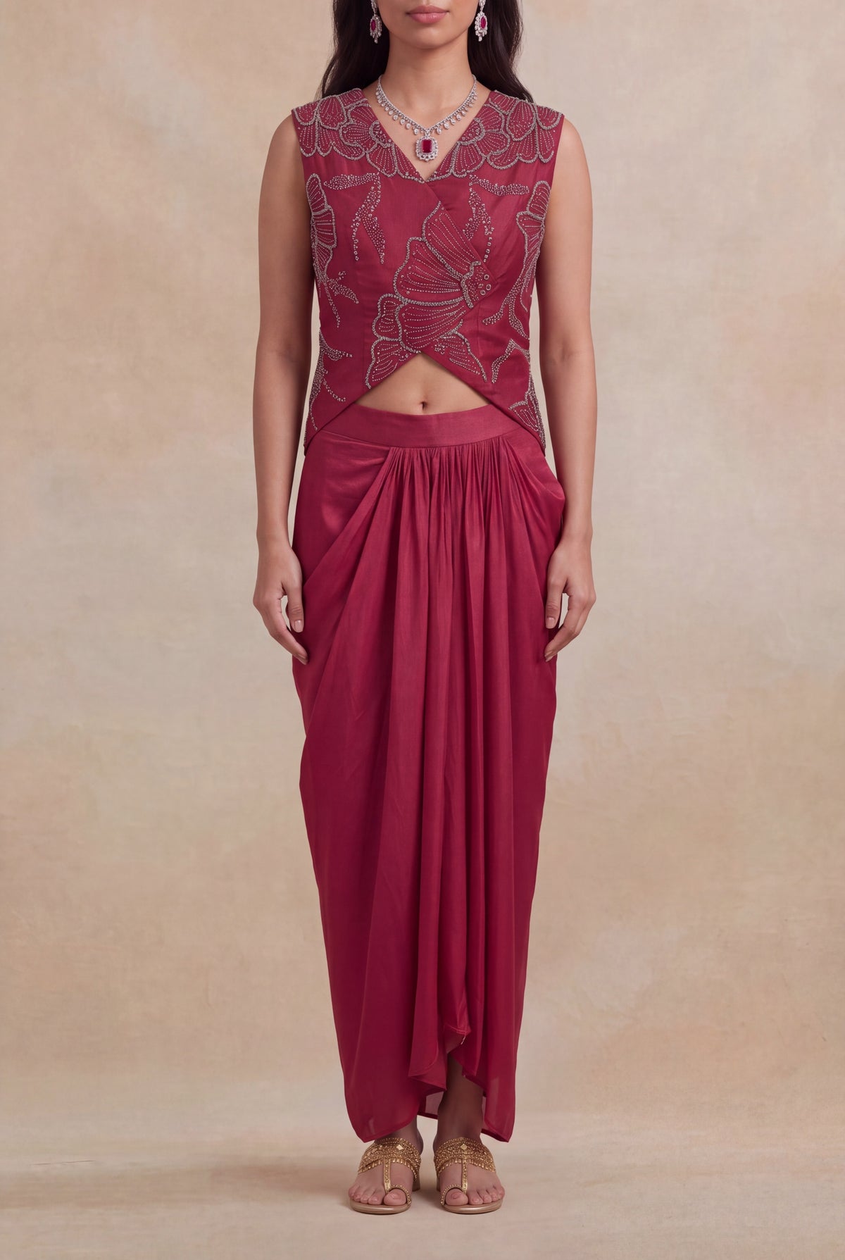 Wine Indo-Western Crop Top & Drape Skirt