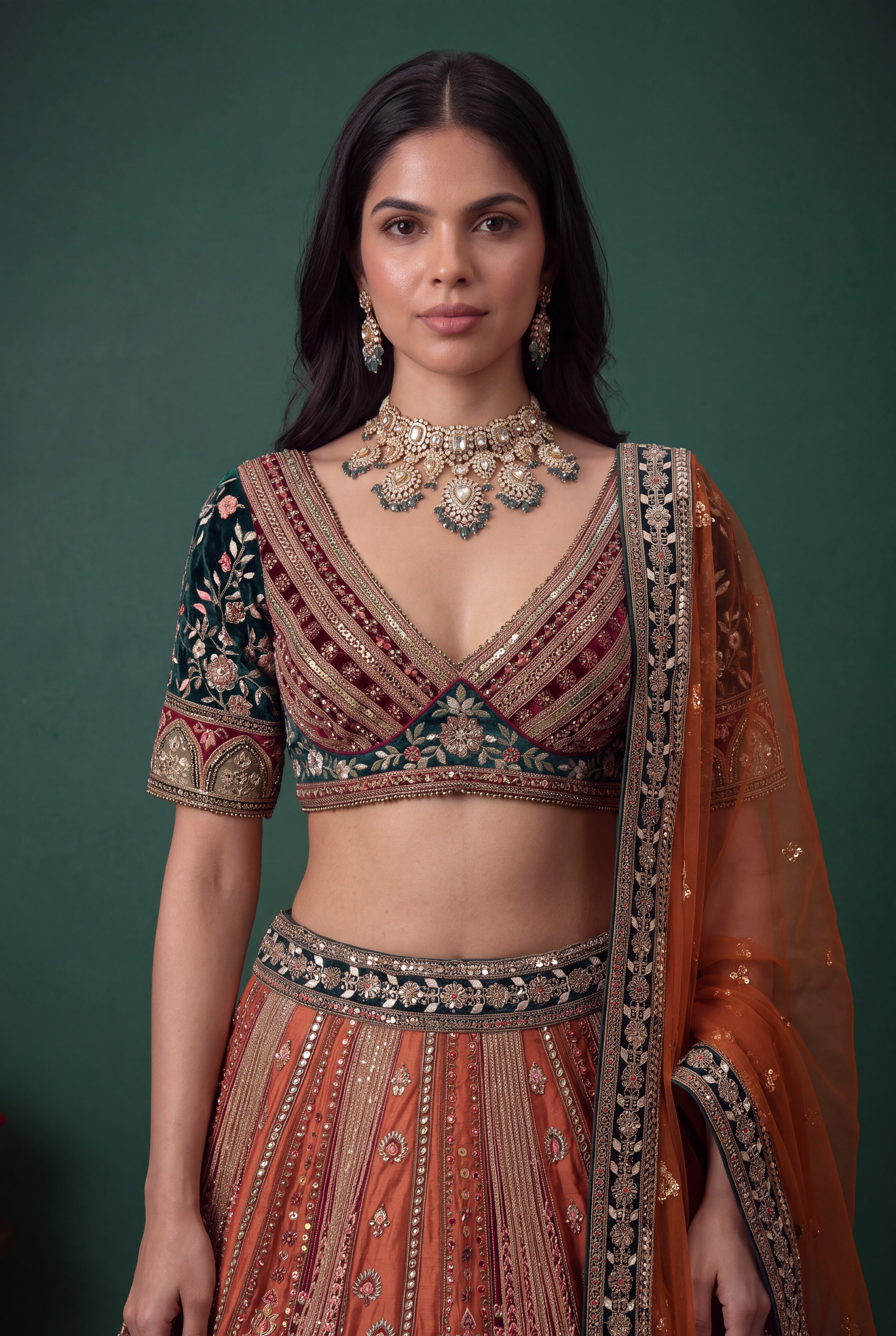 Rust Multicolour Silk & Velvet Lehenga with Zardozi Panel Work