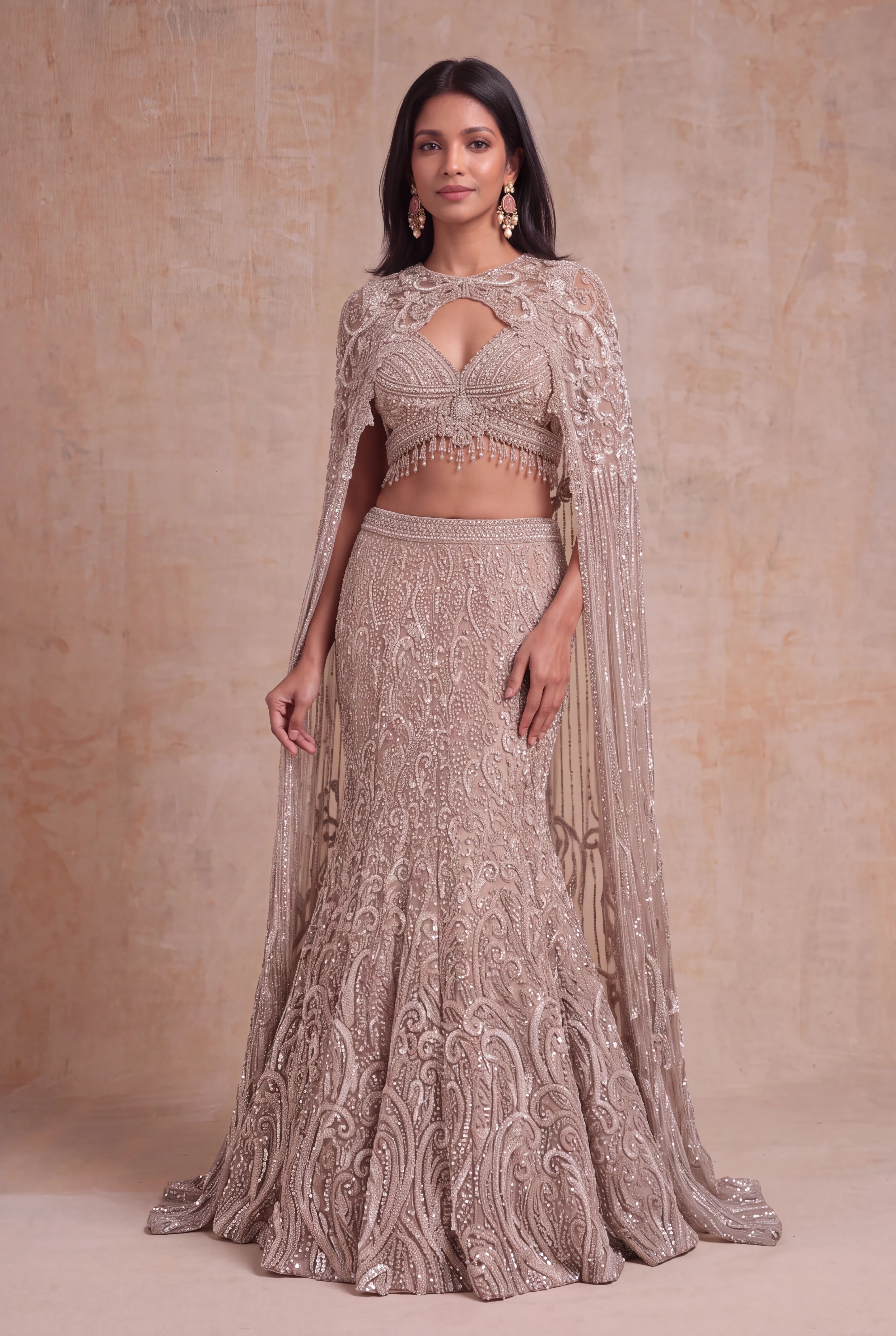 Taupe Net Fish-Cut Lehenga