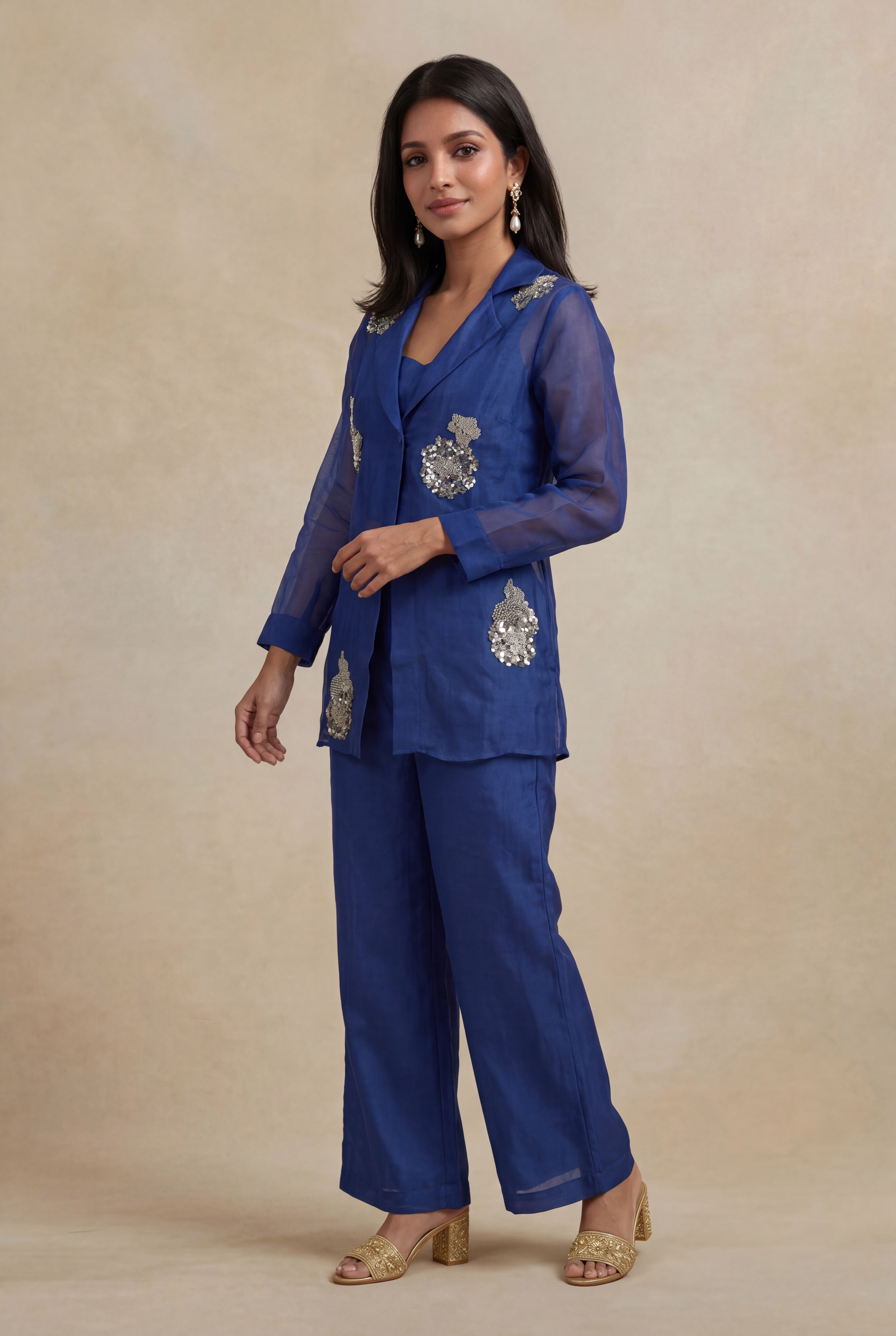 Royal Blue Organza Sequin-Embellished Co-ord Set