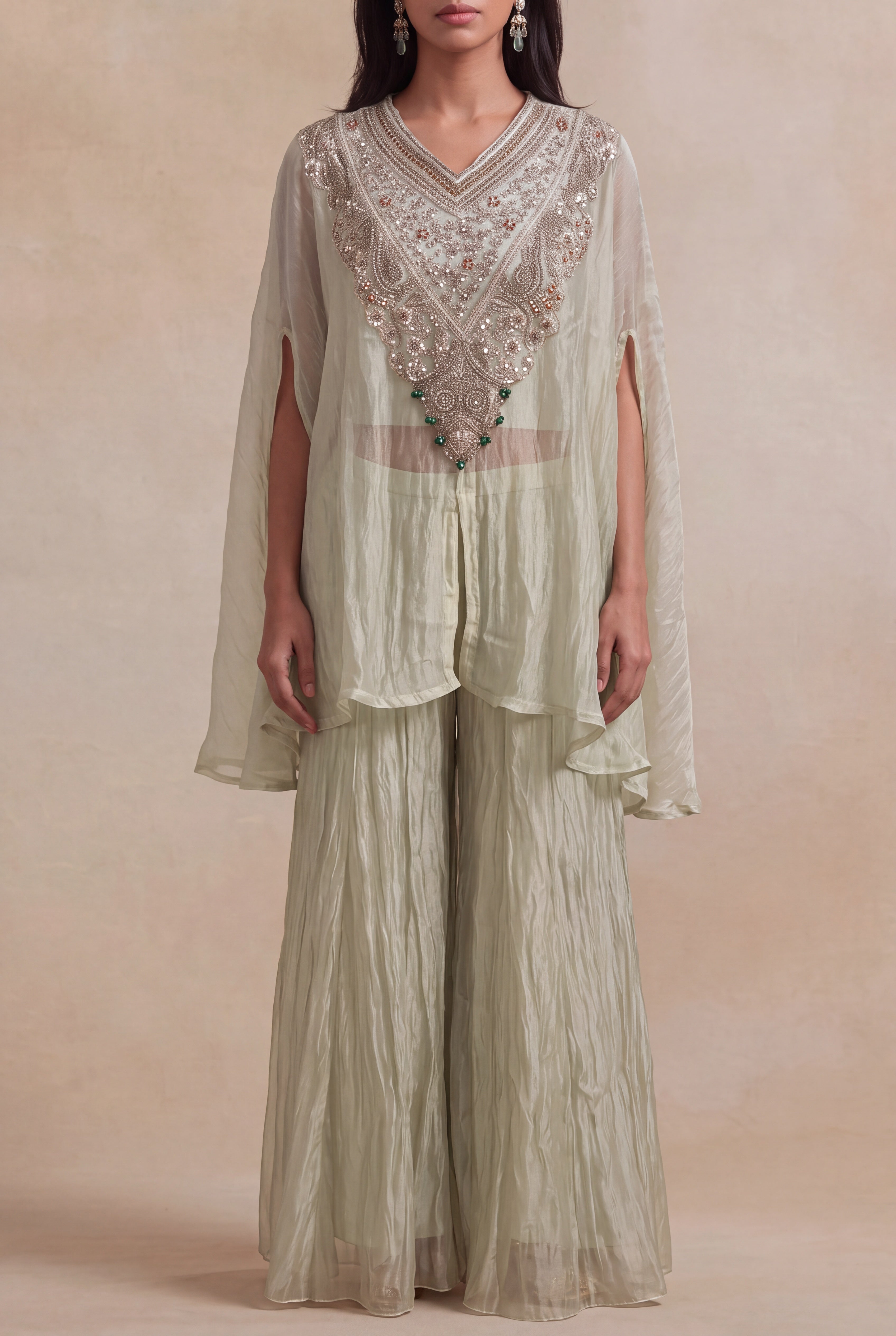 Sage Green Crush Tissue Zardozi Cape Set