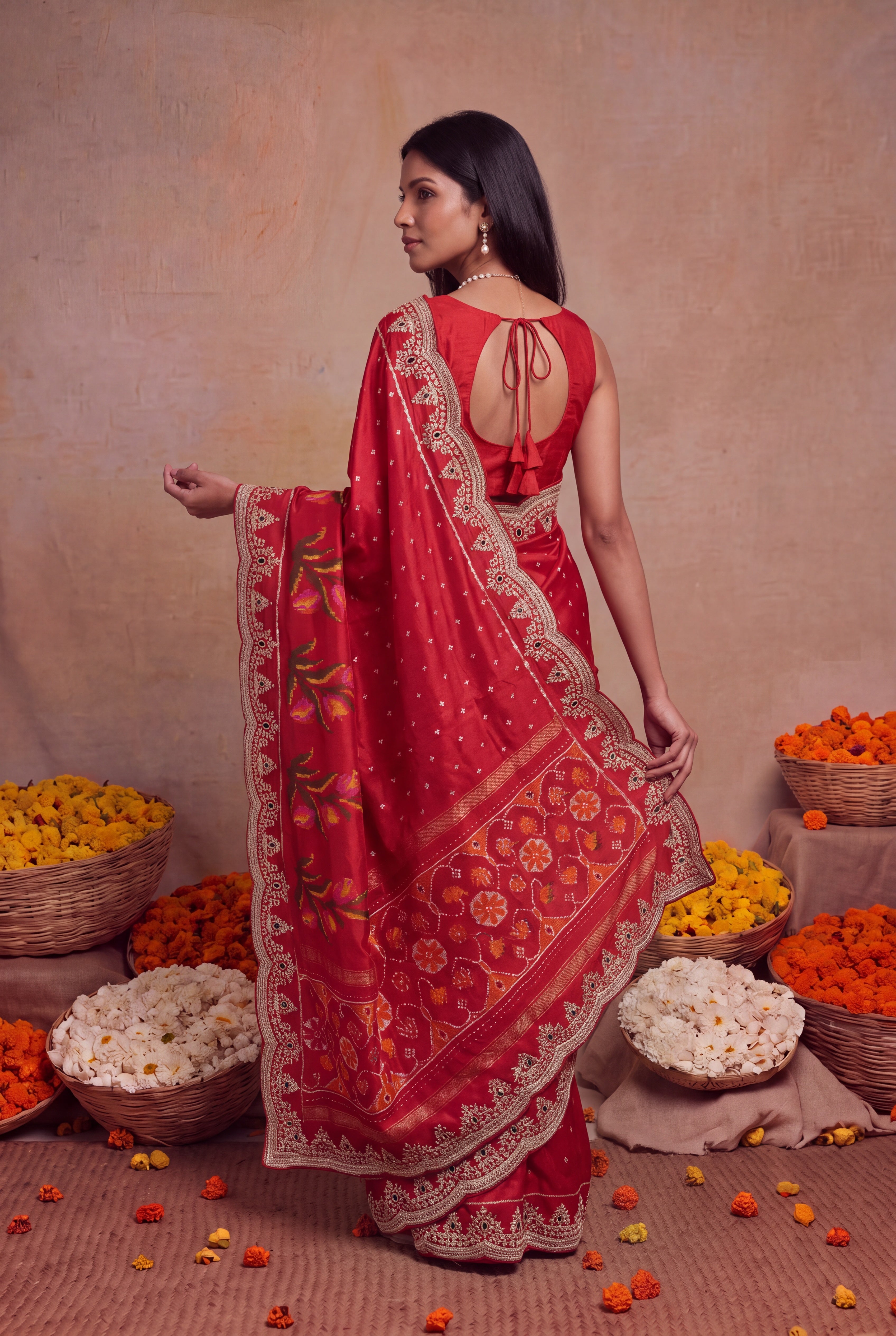 Red Twill Silk Zardosi Border Saree