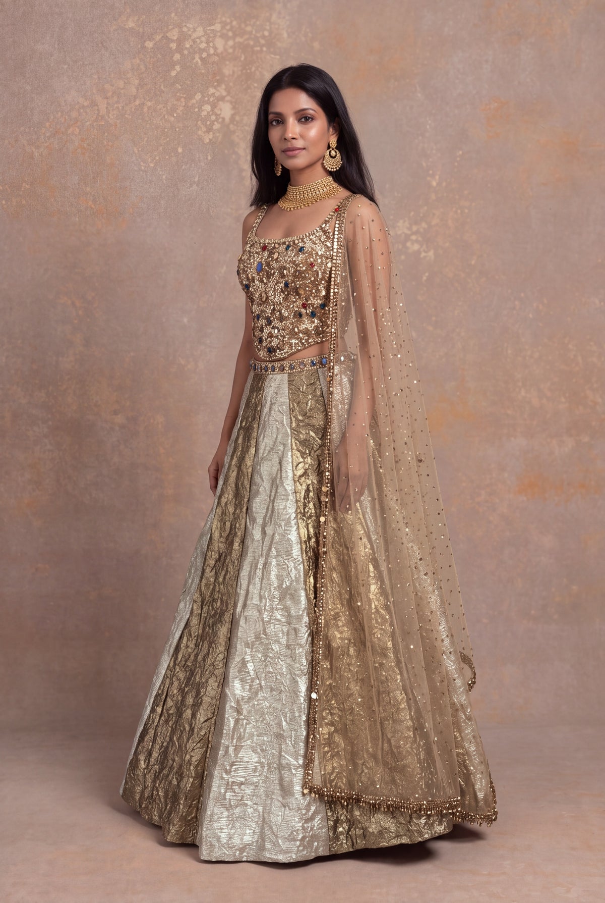 Golden Crush Tissue Jewel Work Lehenga