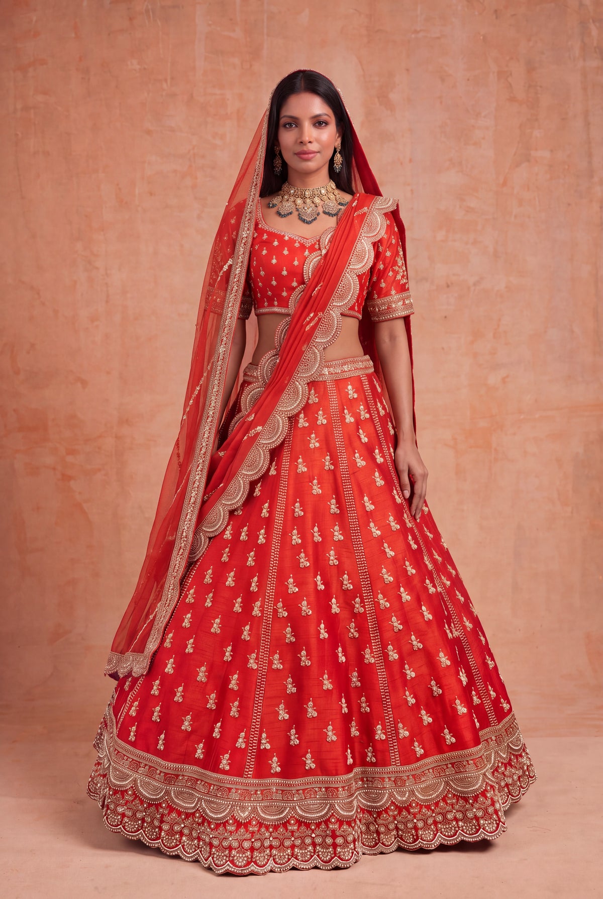 Rust Orange Raw Silk Lehenga