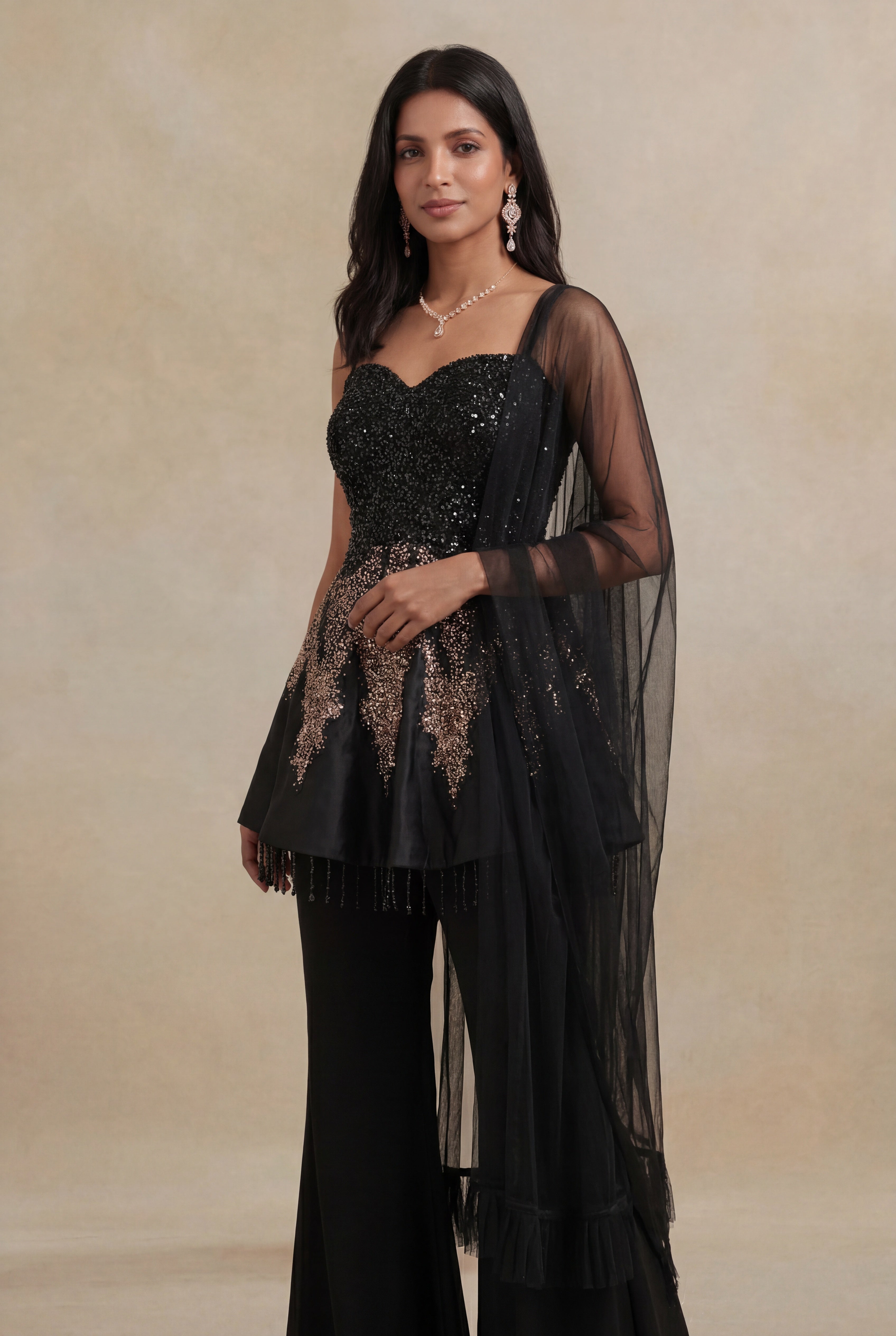 Black Satin Silk Embellished Indo-Western Co-ord Set