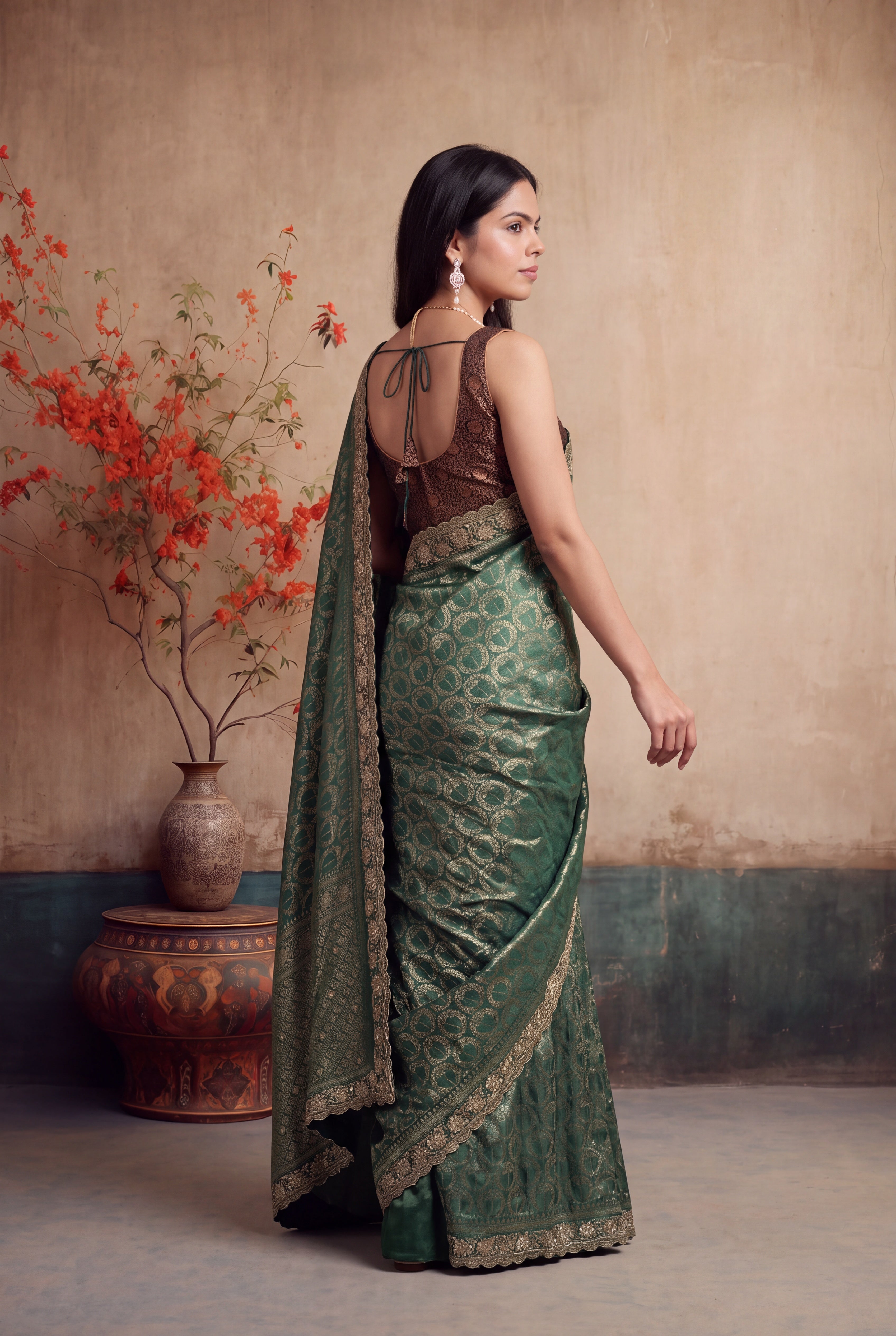 Dark Green Banarasi Saree with Zari & Zardozi Border