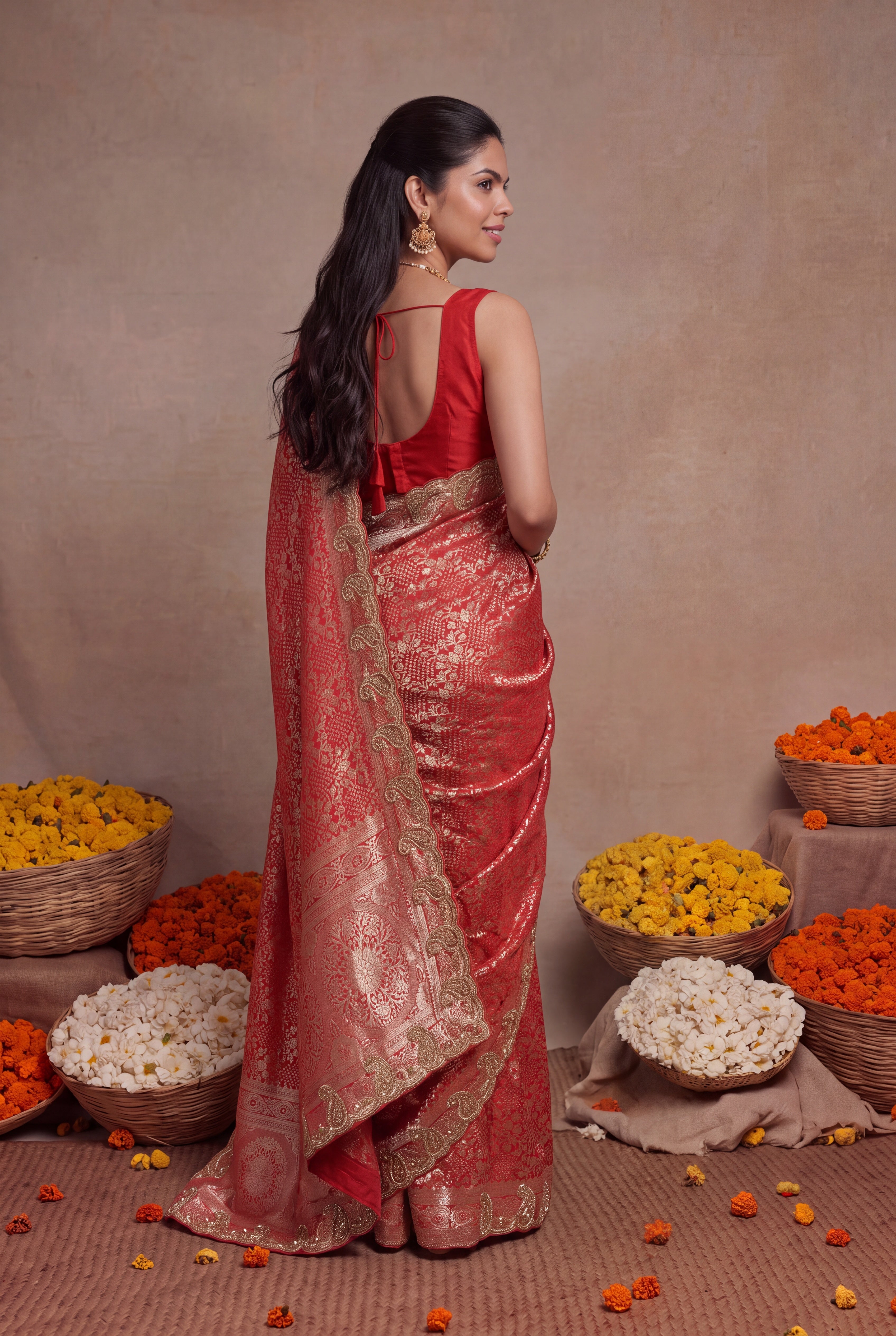 Red Banarasi Zari Scallop Border Saree