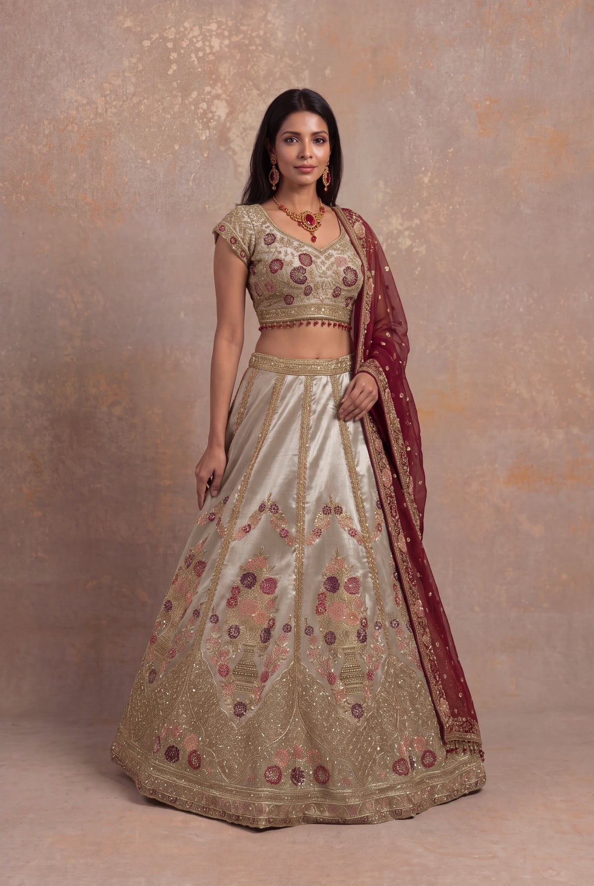 Gray Tissue Lehenga Set with Zardozi and Velvet Applique