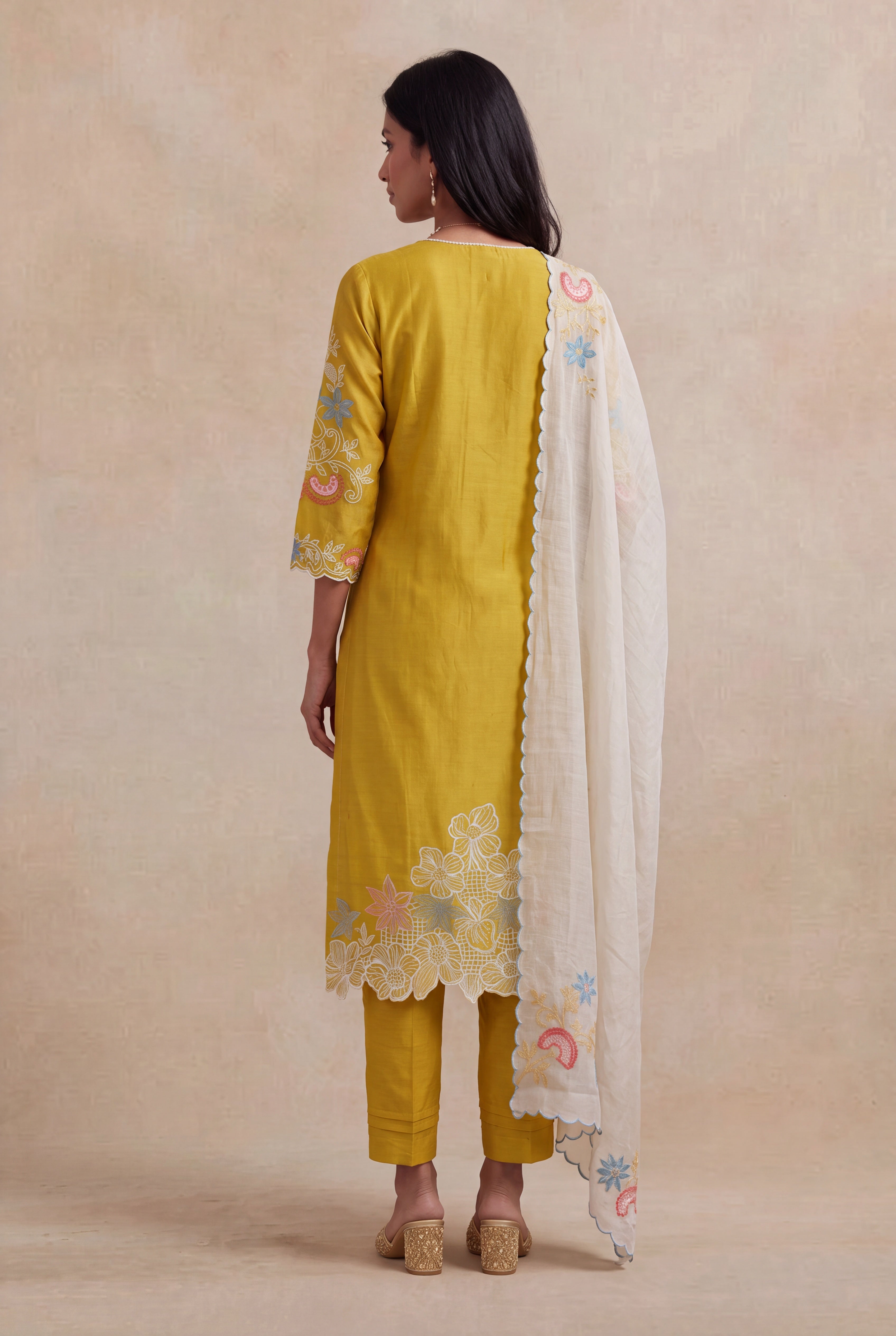 Mustard Yellow Chanderi Cotton Embroidered Salwar Set