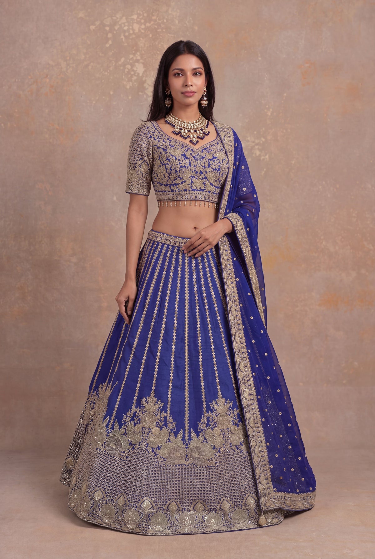 Ink Blue Raw Silk Lehenga Set with Zardozi Embroidery