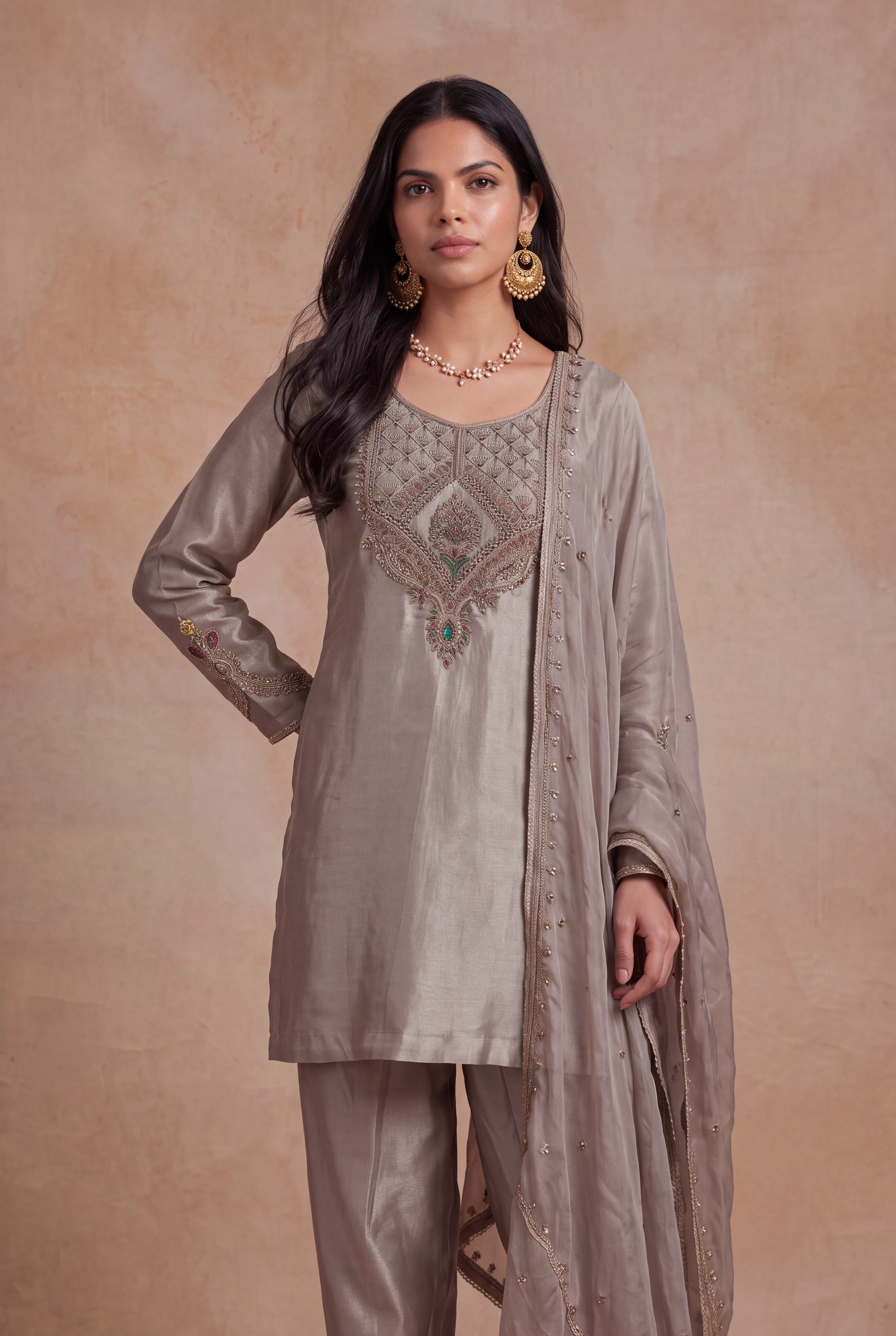 Silver Grey Tissue Indo-Western Set
