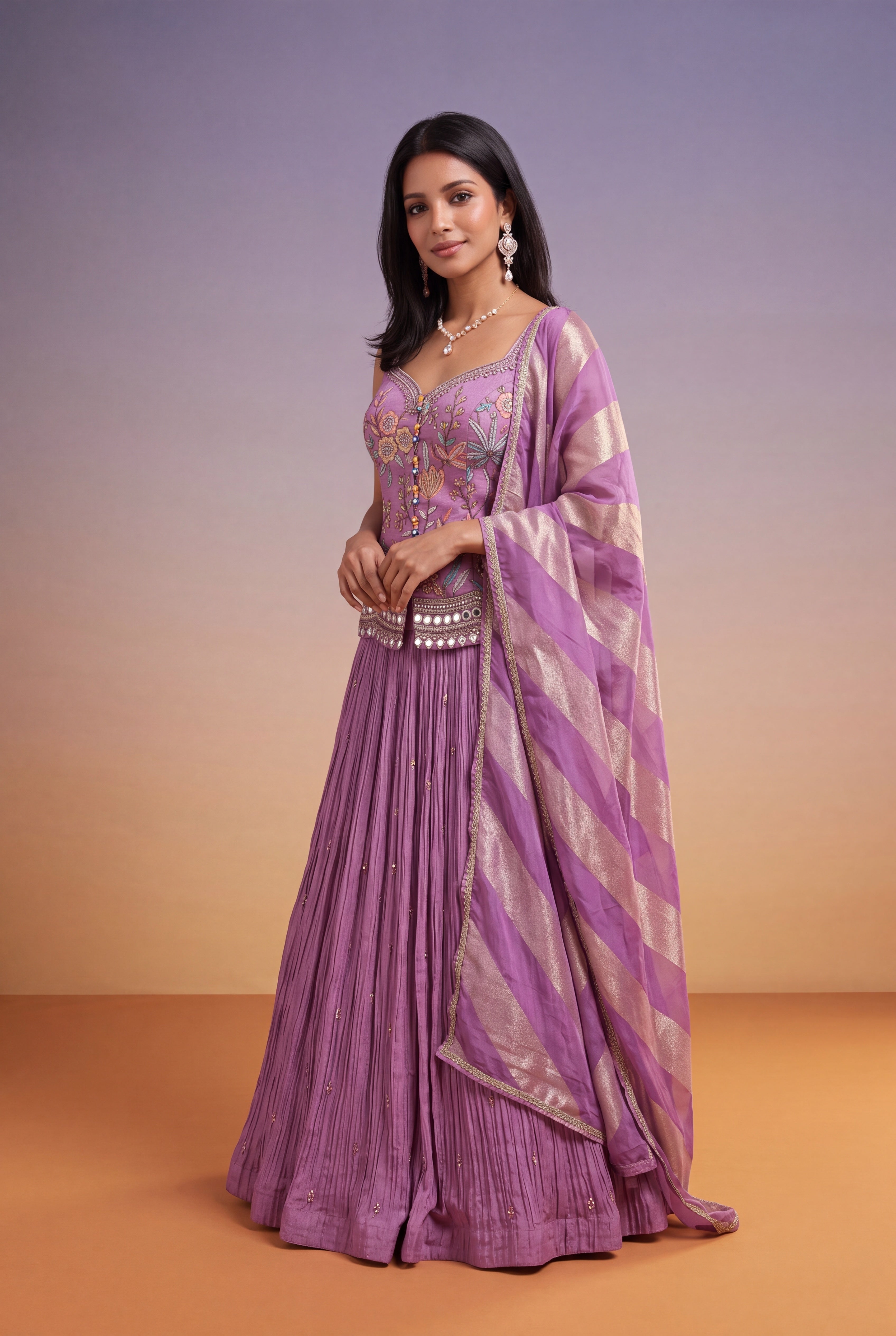 Mauve Crepe Lehenga with Floral Thread Embroidery & Mirror Work