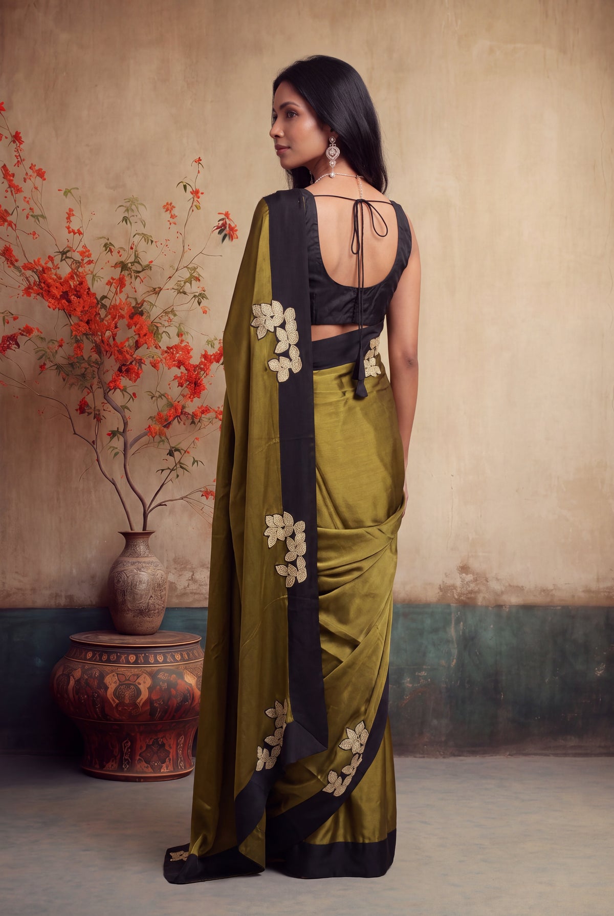 Olive Green Crepe Silk Saree