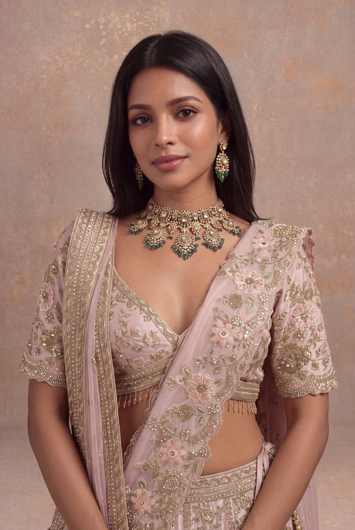 Baby Pink Tissue Silk Lehenga Set with Thread and Zardozi Work