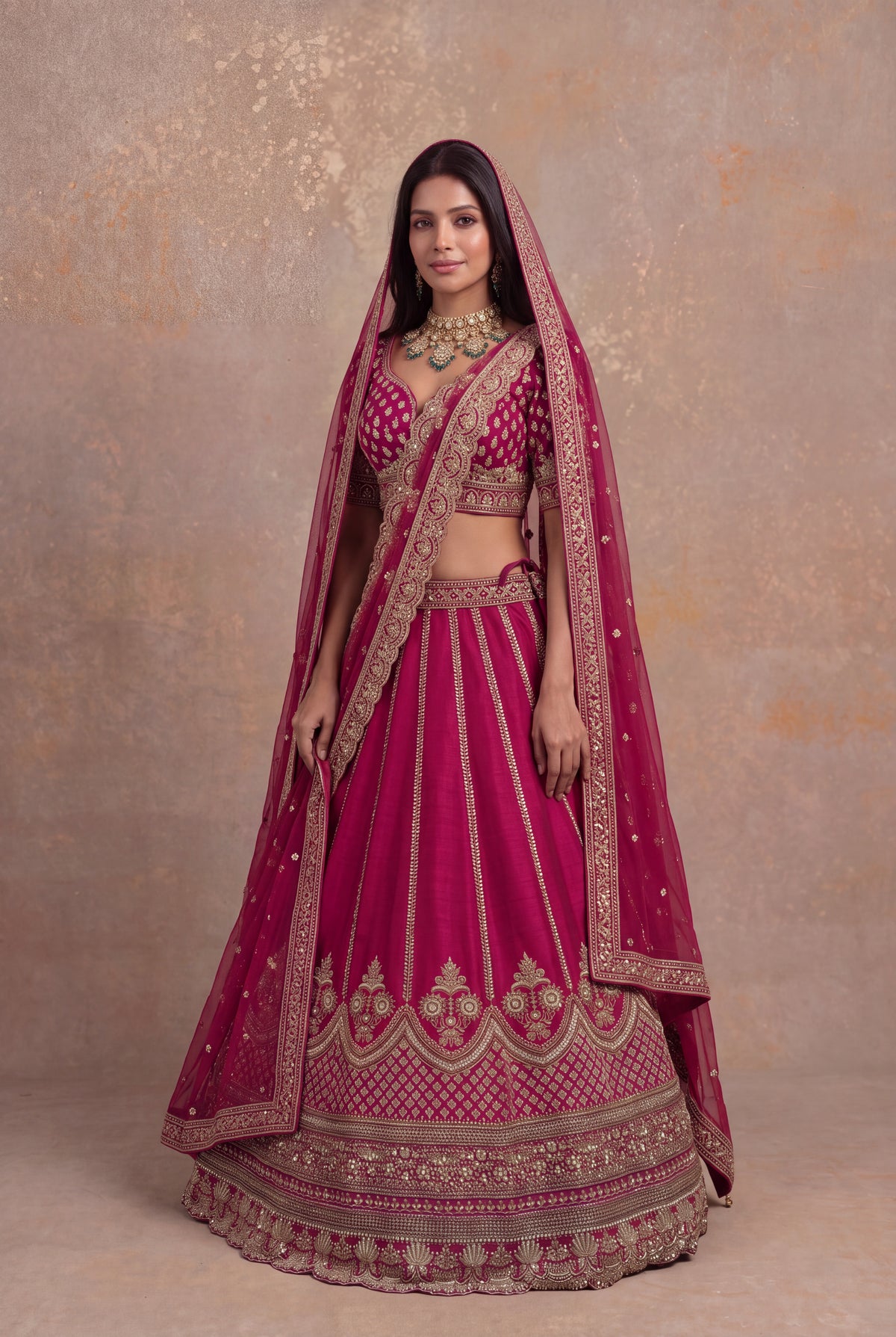 Magenta Pink Raw Silk Lehenga Set with Zardozi and Kundan Work