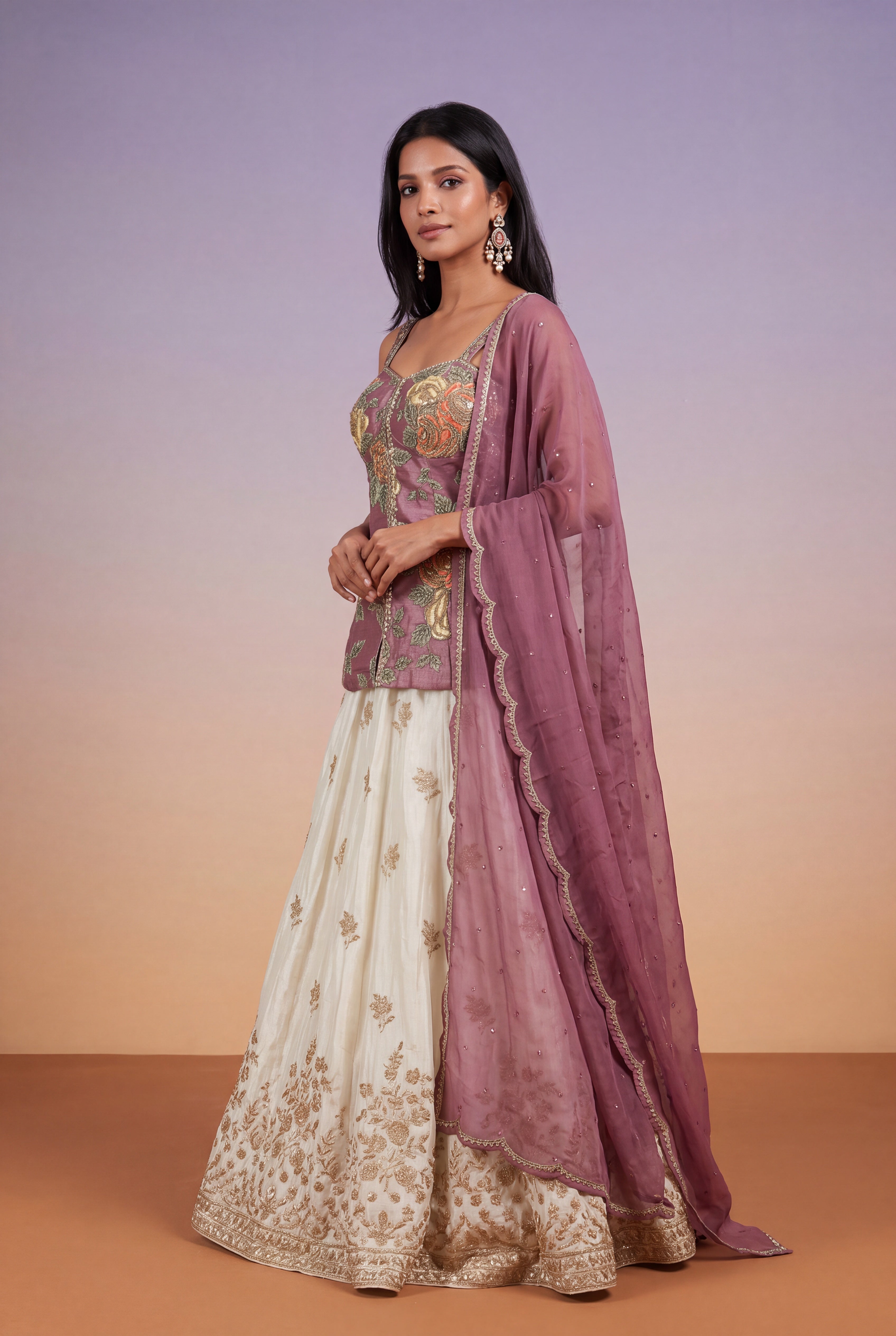 Mauve Floral Corset Peplum with Ivory Tissue Lehenga Skirt