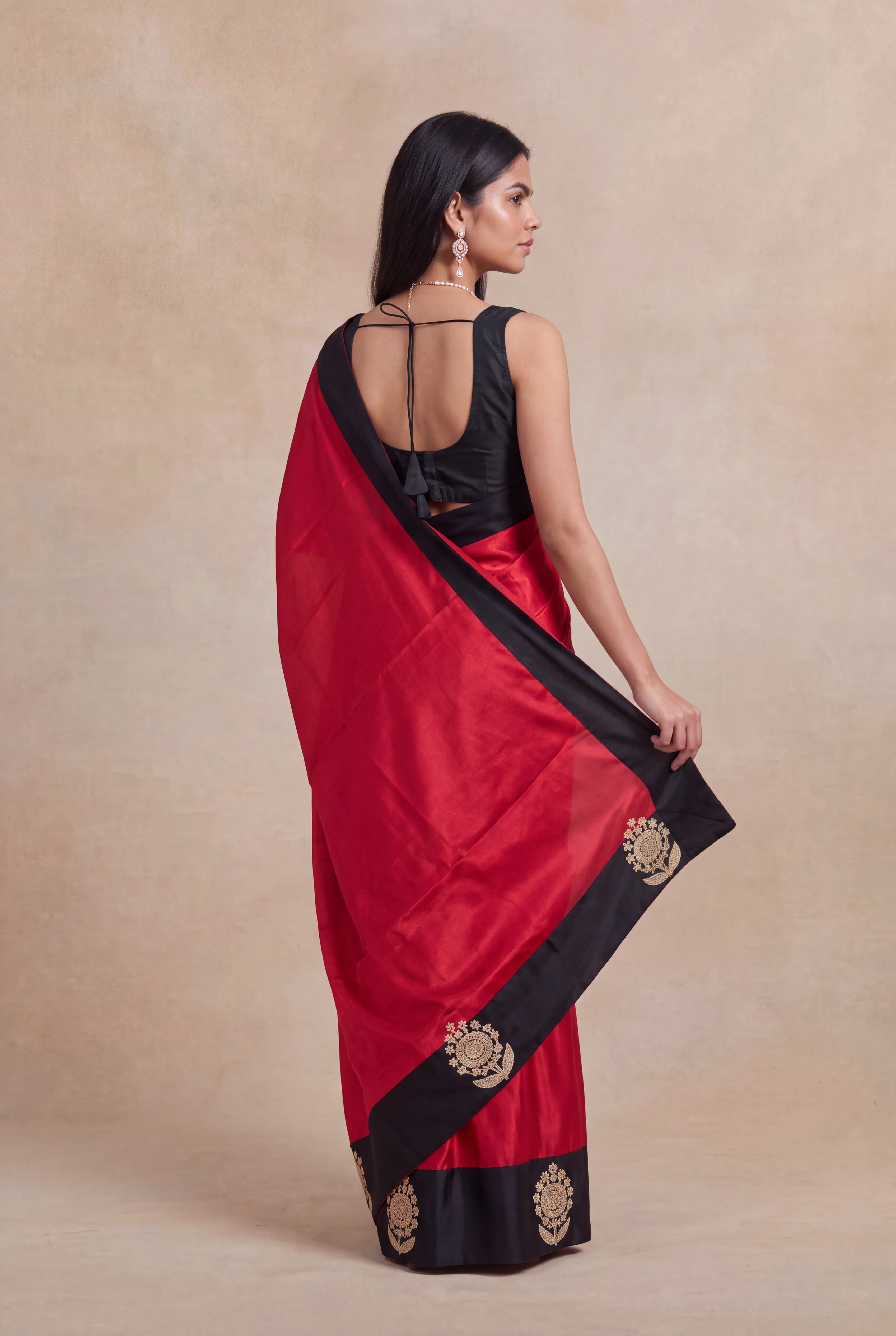Red Satin Silk Saree with Black Sequin Border