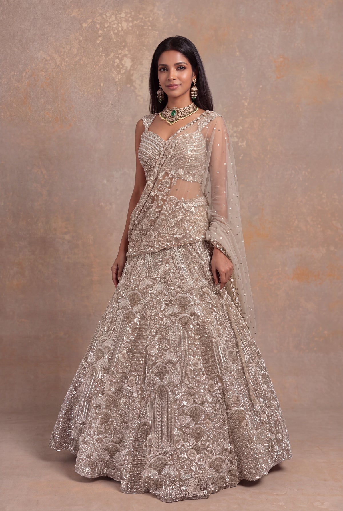 Beige Gold Net Lehenga with Sequin and Bead Embroidery