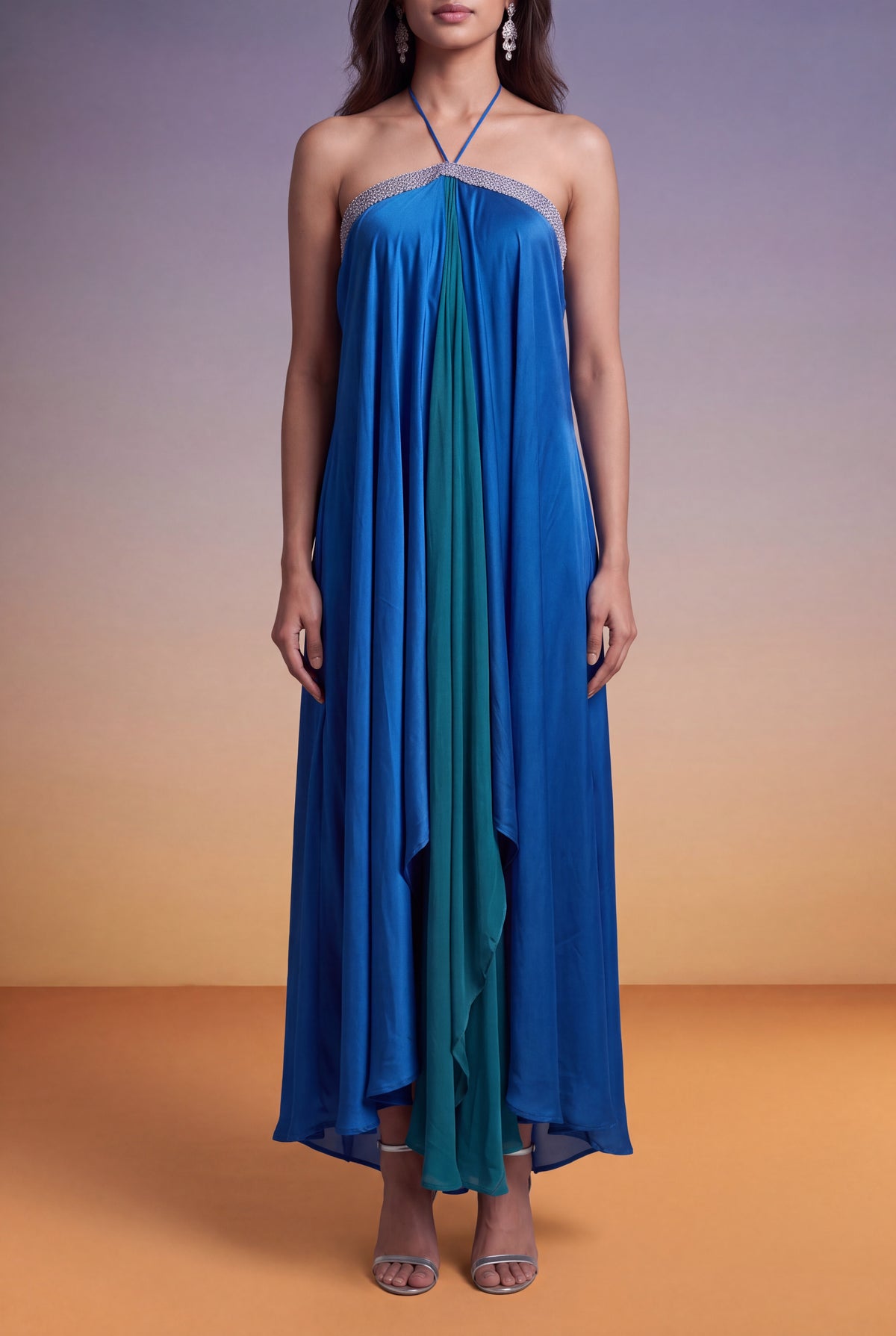 Blue & Teal Draped Halter-Neck Indo-Western Dress