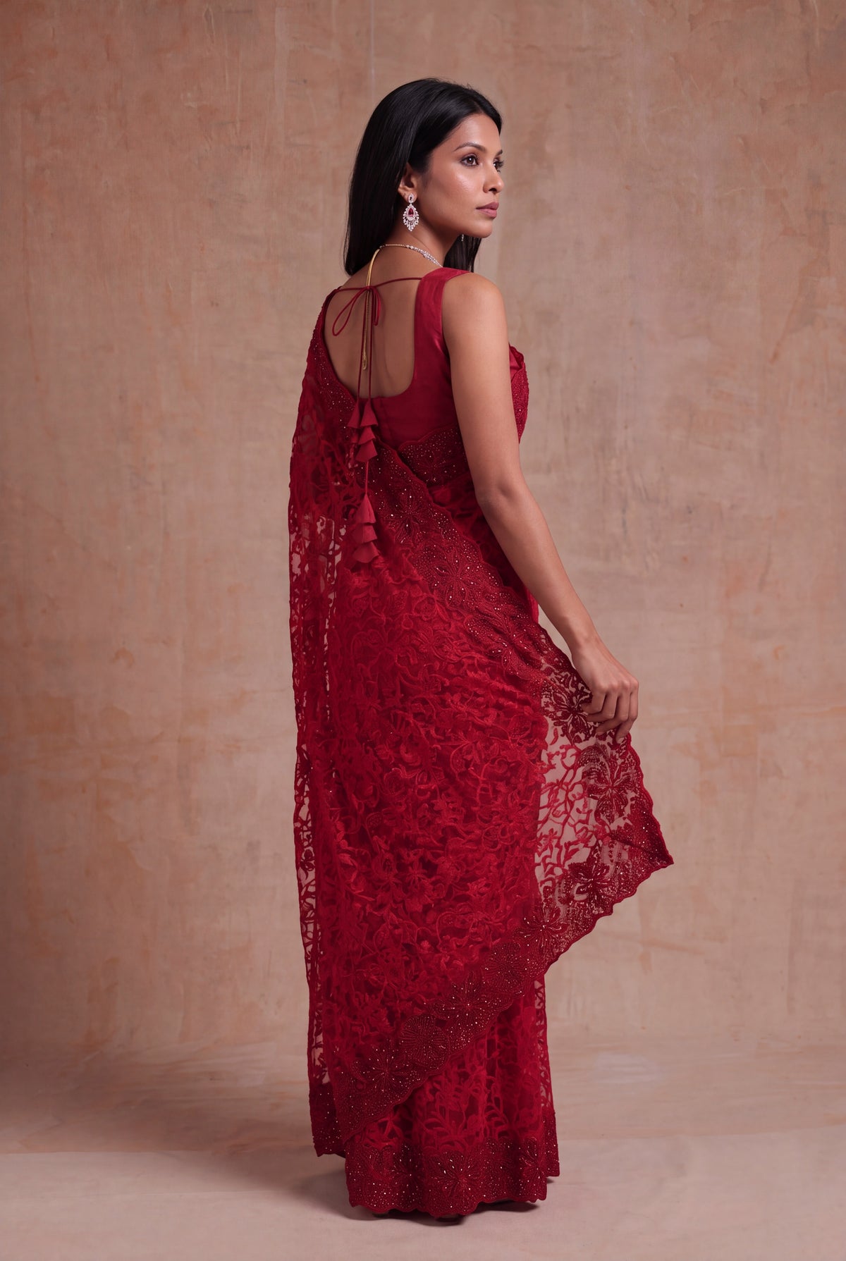 Red Net Saree with Sequin Jaal Work