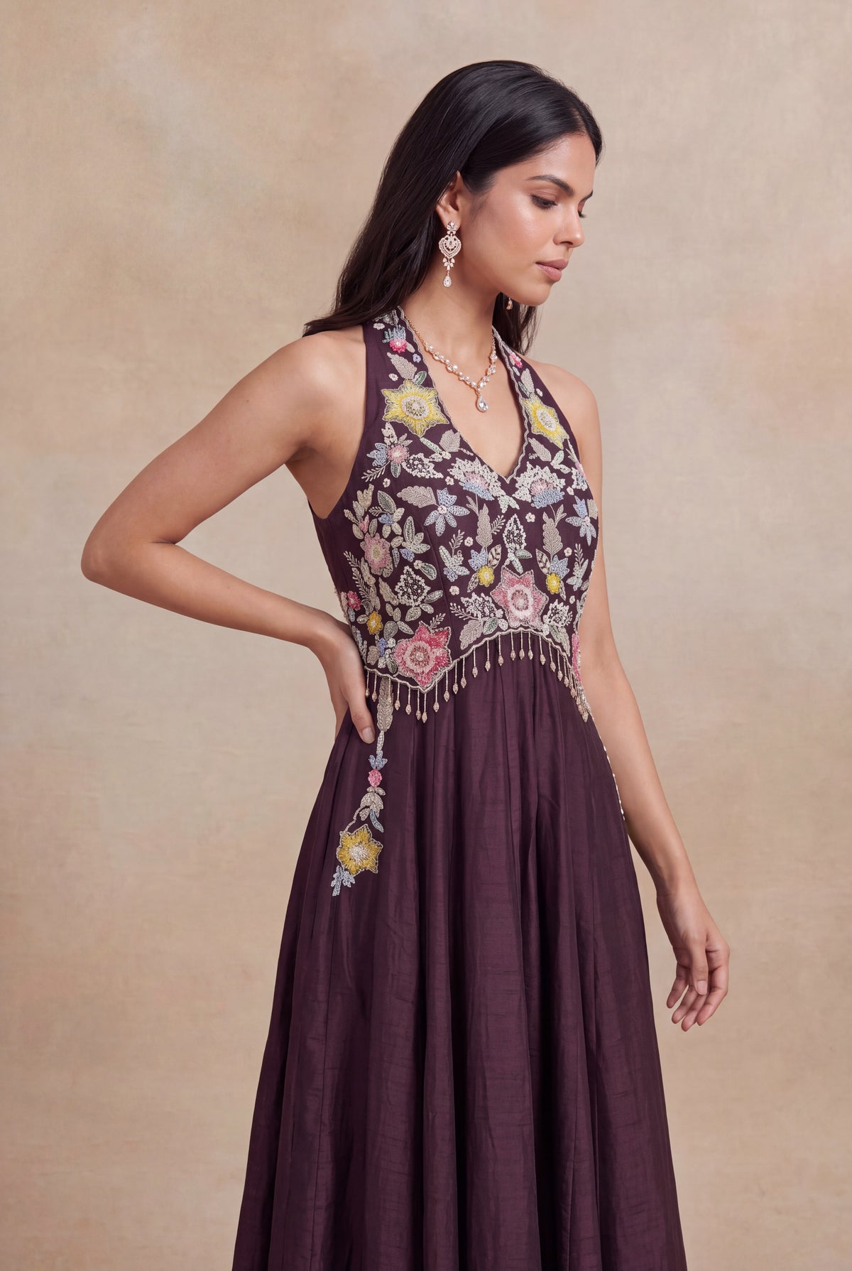Wine Raw Silk Floral Embroidered Western Gown