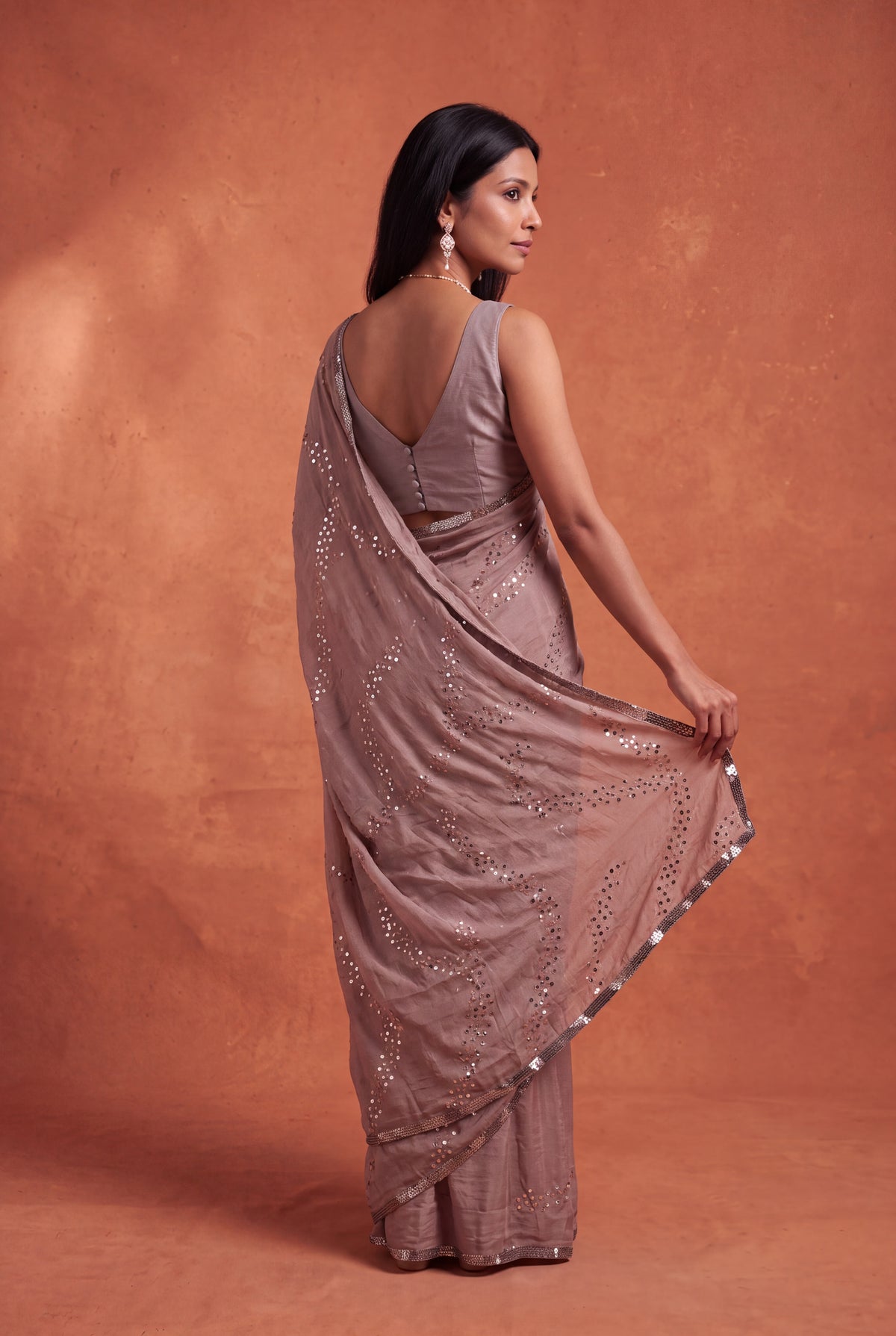 Brown Crush Crepe Saree with Sequin Work