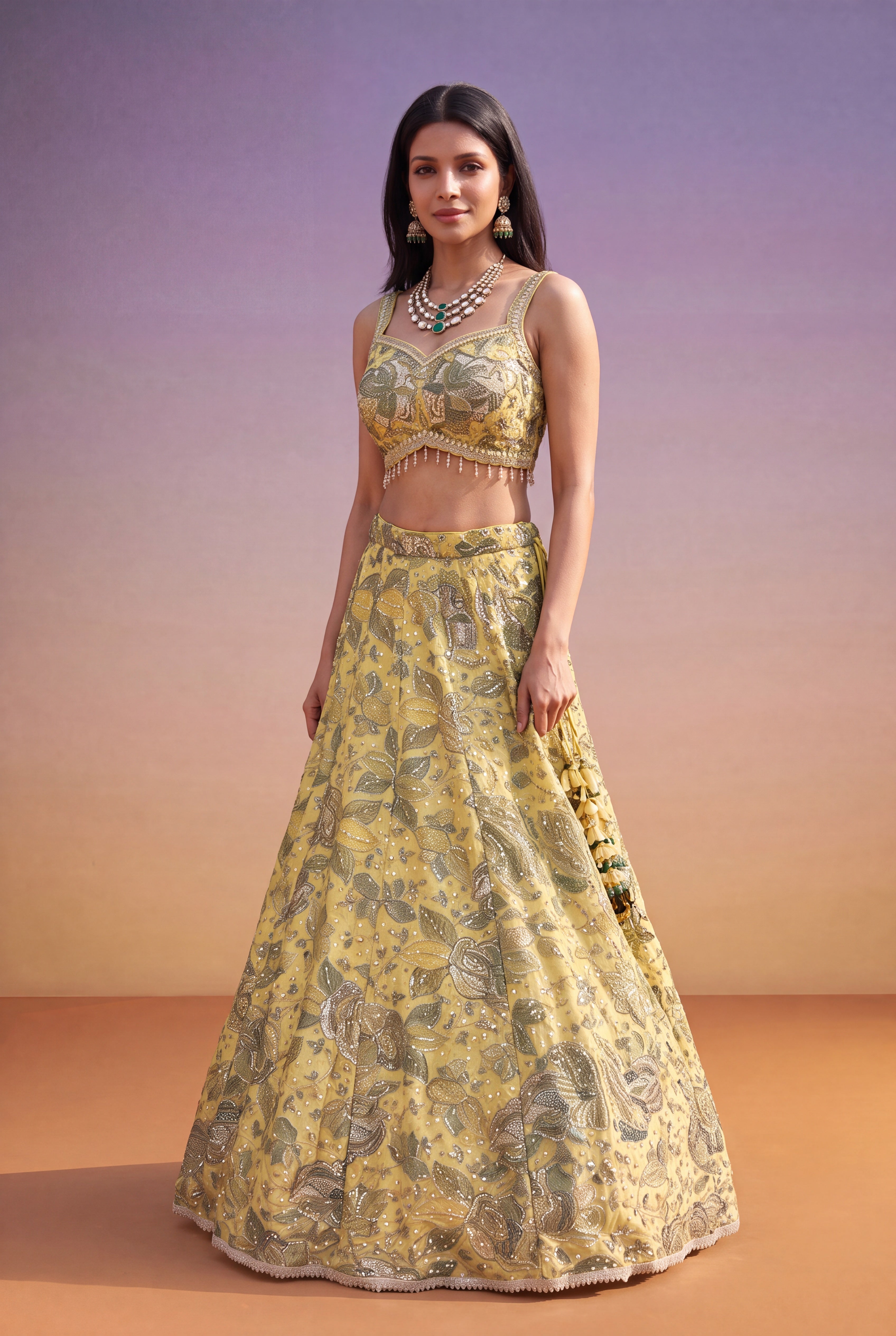 Yellow-Green Silk Lehenga with Floral Print, Zari & Sequin Work