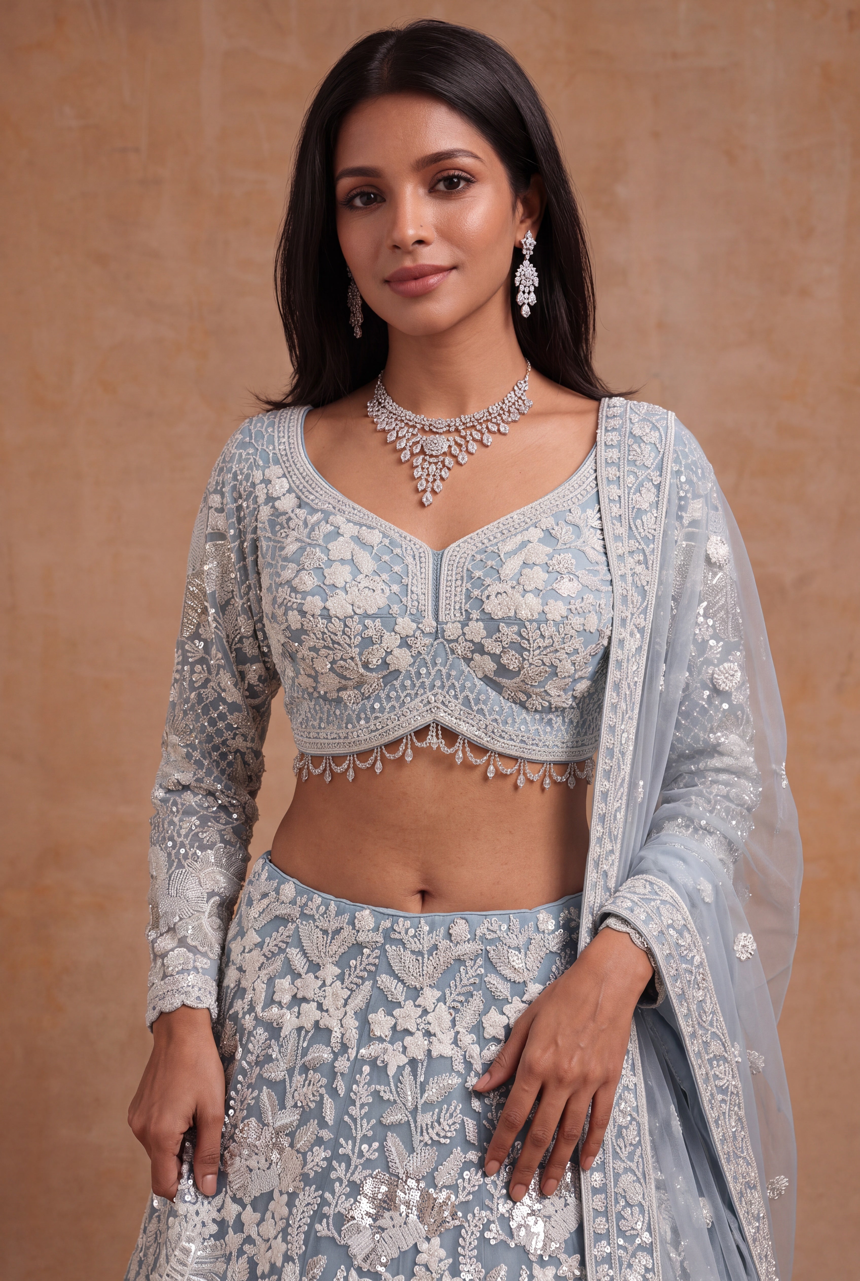 Sky Blue Net Lehenga with White Sequin and Pearl Work