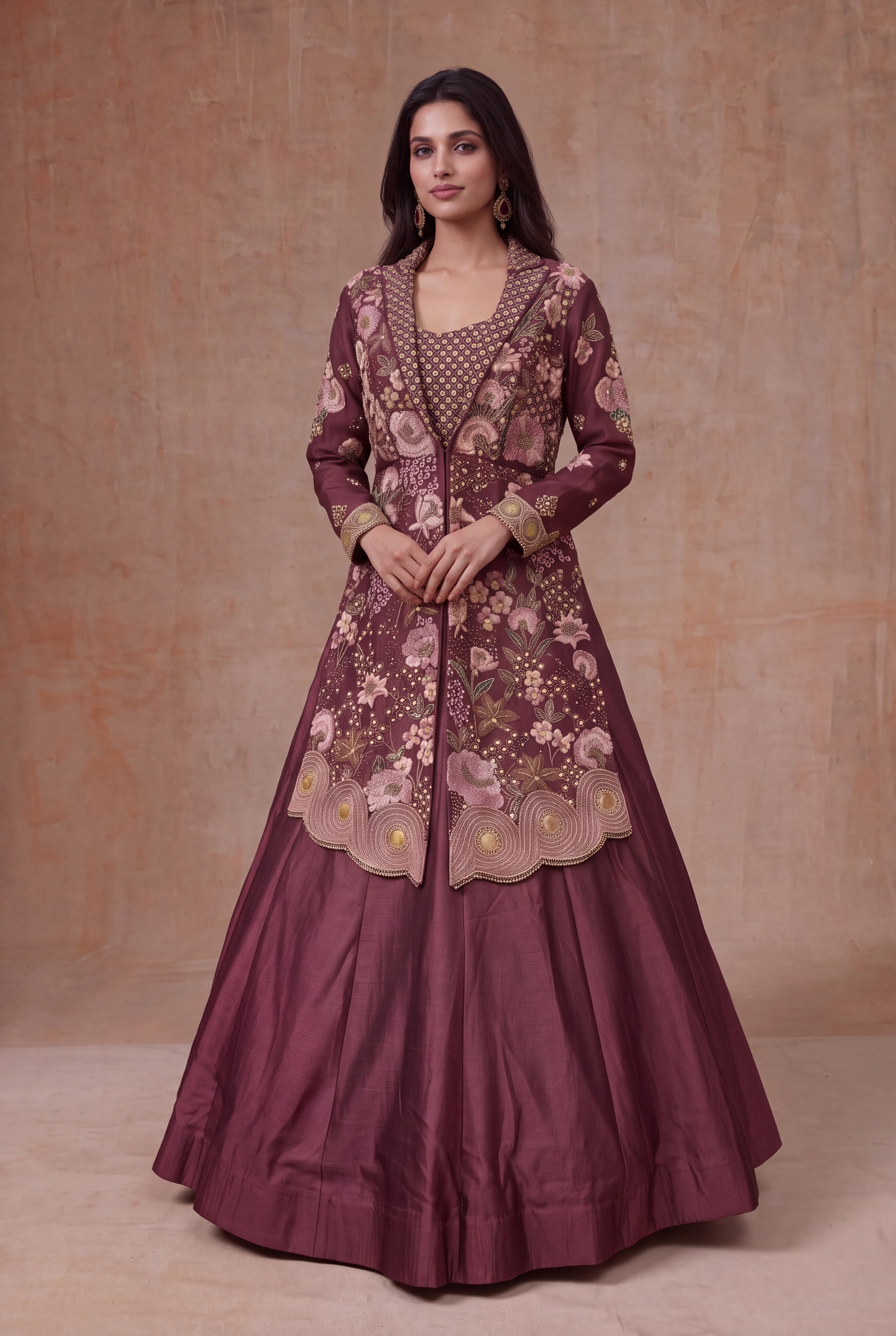 Wine Mauve Raw Silk Jacket Lehenga with Floral Embroidery