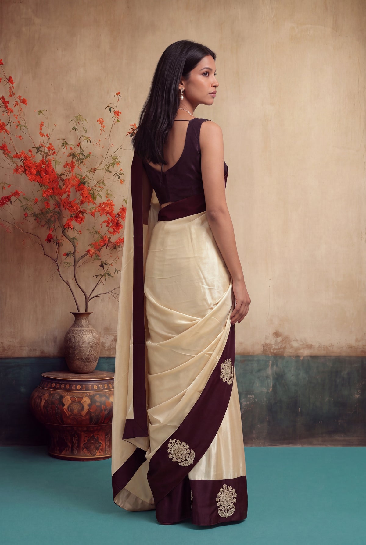 Ivory Crepe Silk Saree