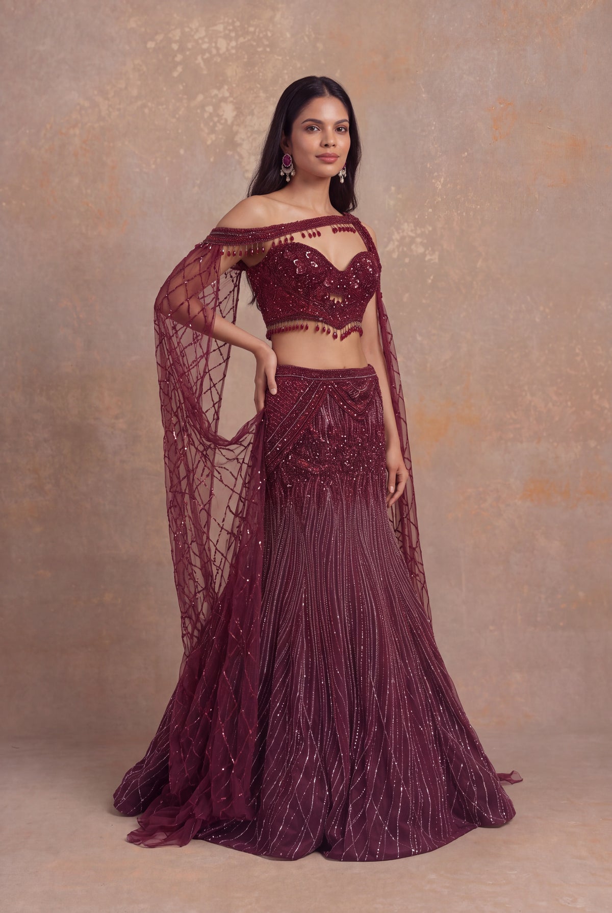 Maroon Net Lehenga with Sequin, Cutdana and Bead Embroidery