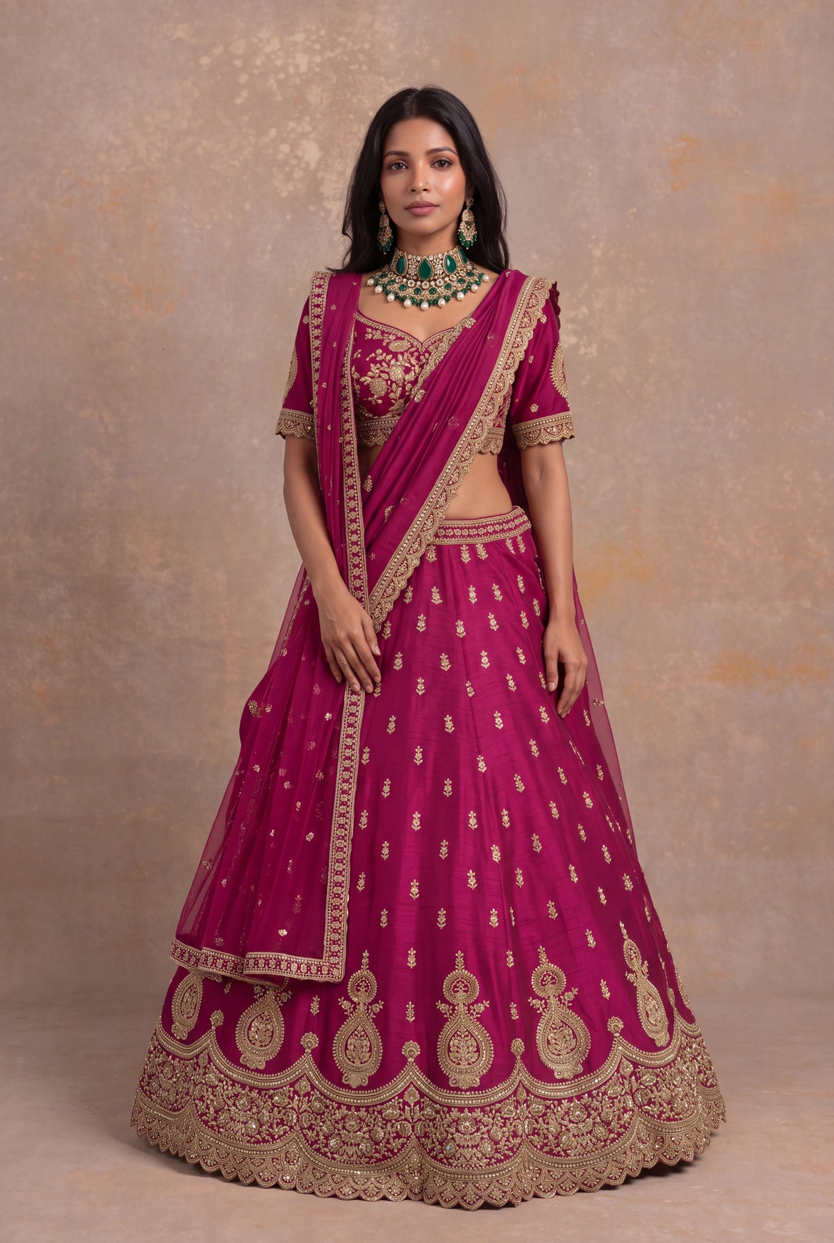 Magenta Raw Silk Lehenga Set with Zardozi and Kundan Work