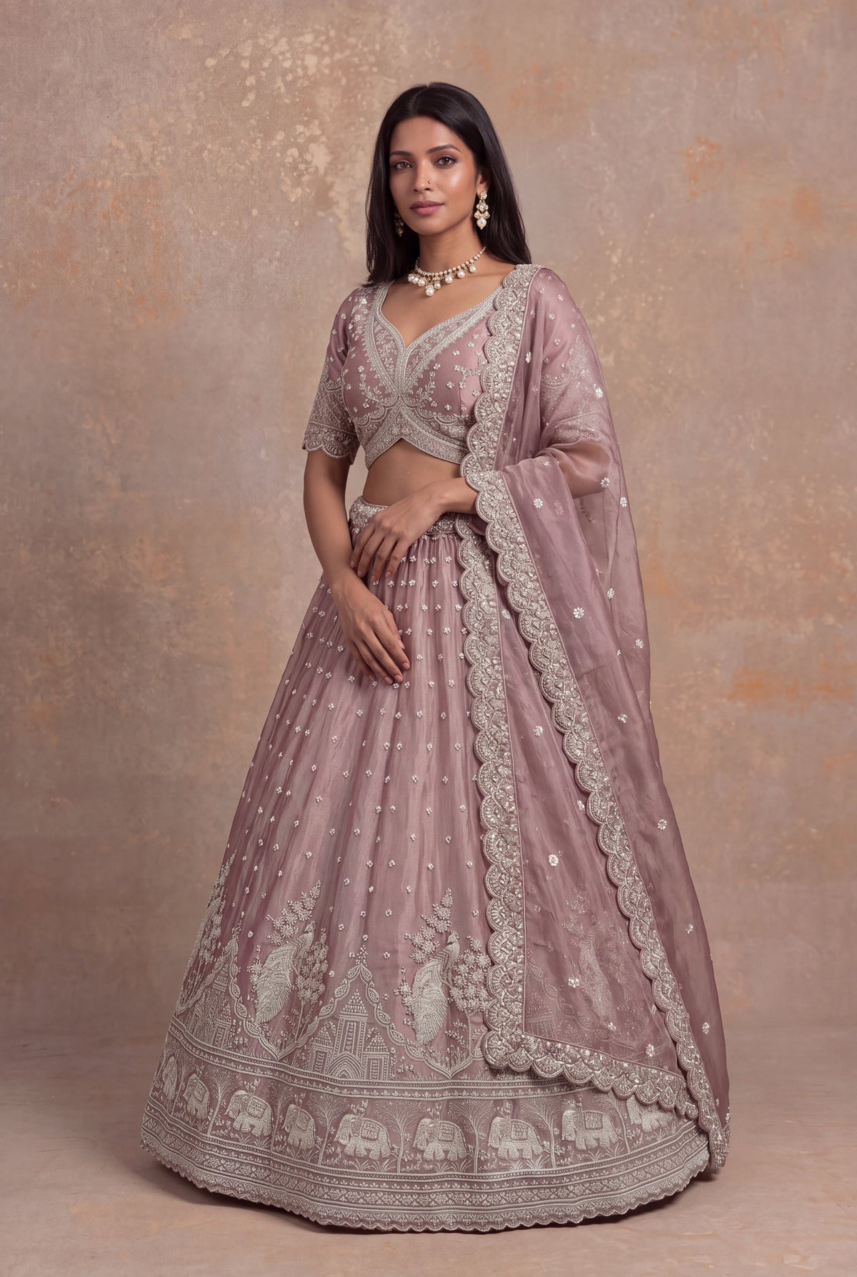 Dusty Rose Shimmer Organza Embroidered Lehenga