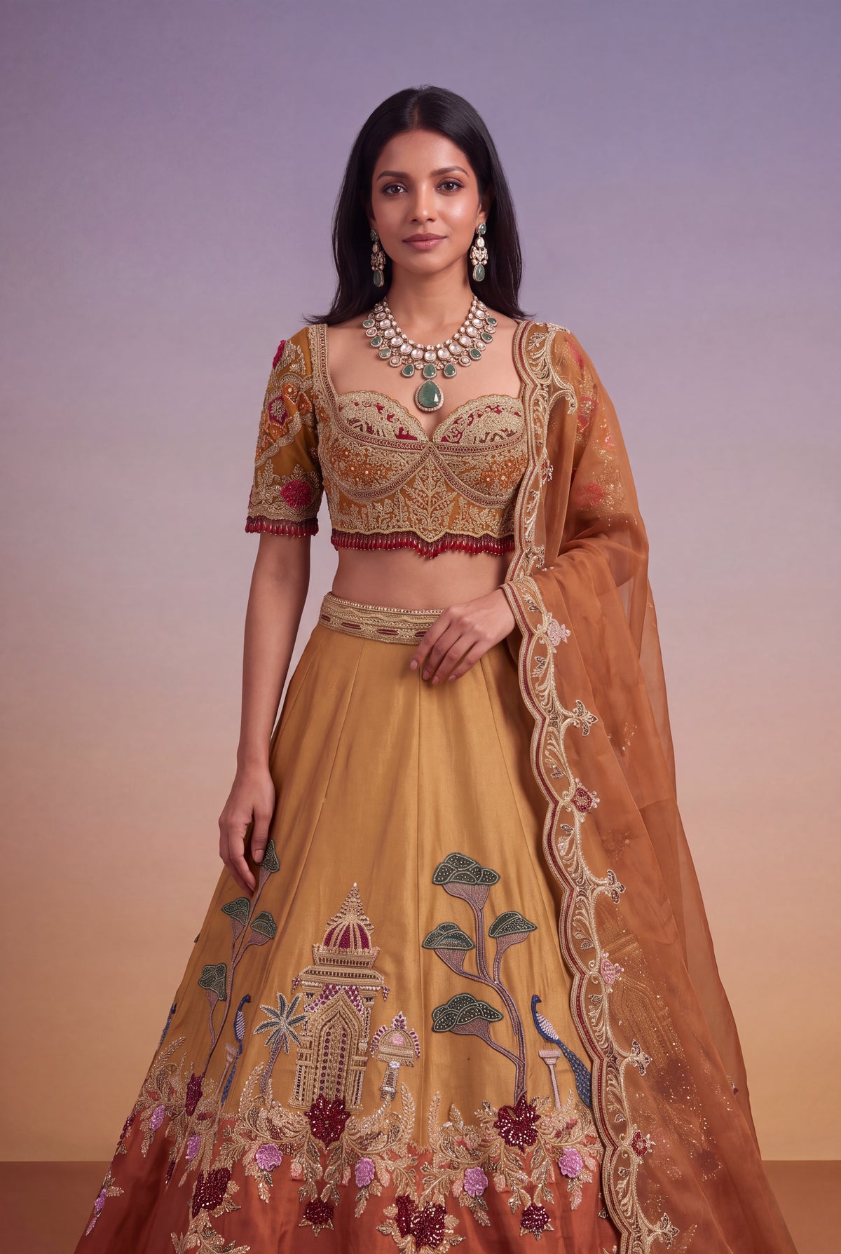 Mustard & Burnt Orange Tissue Lehenga