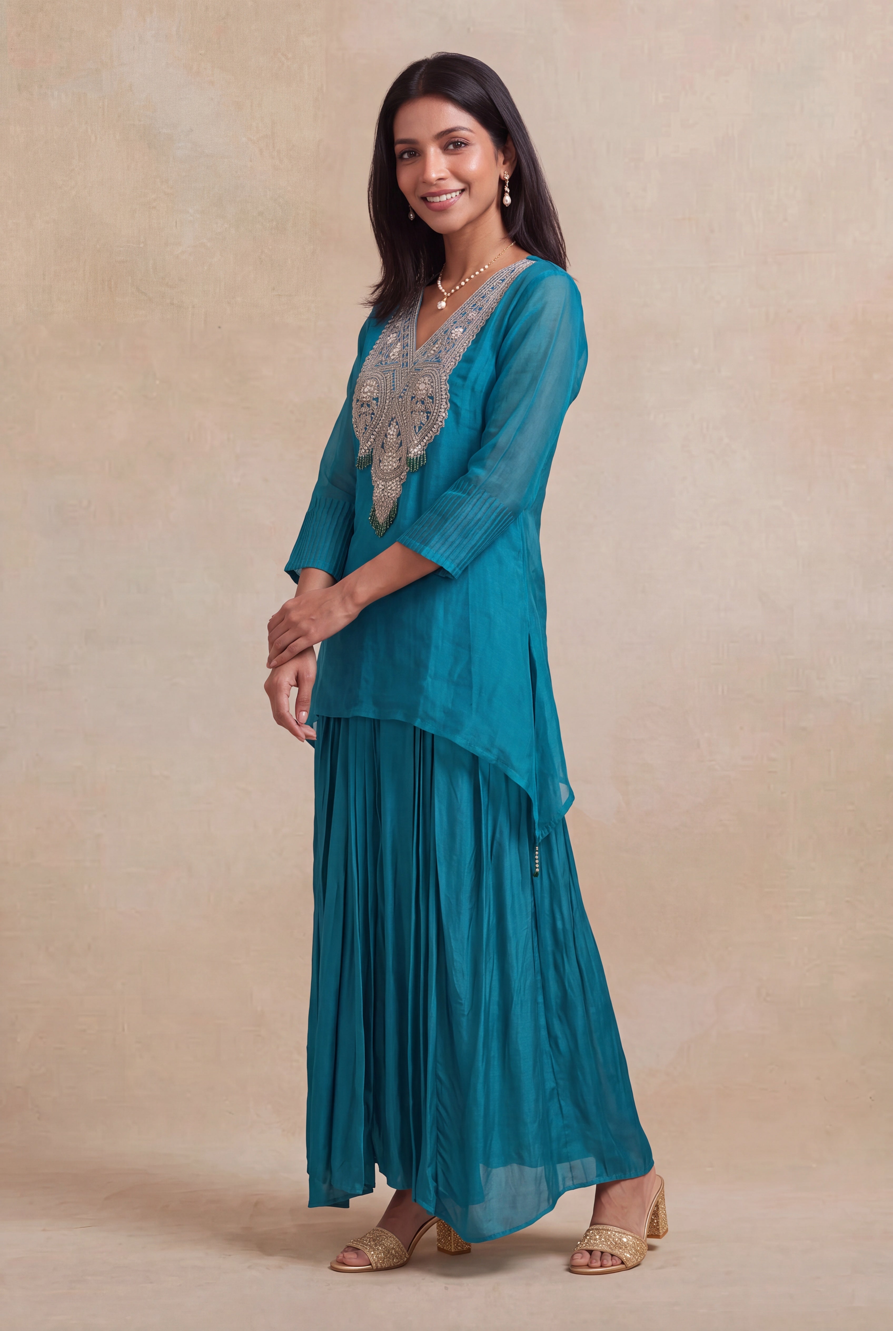 Teal Blue Organza Indo-Western Co-Ord Set