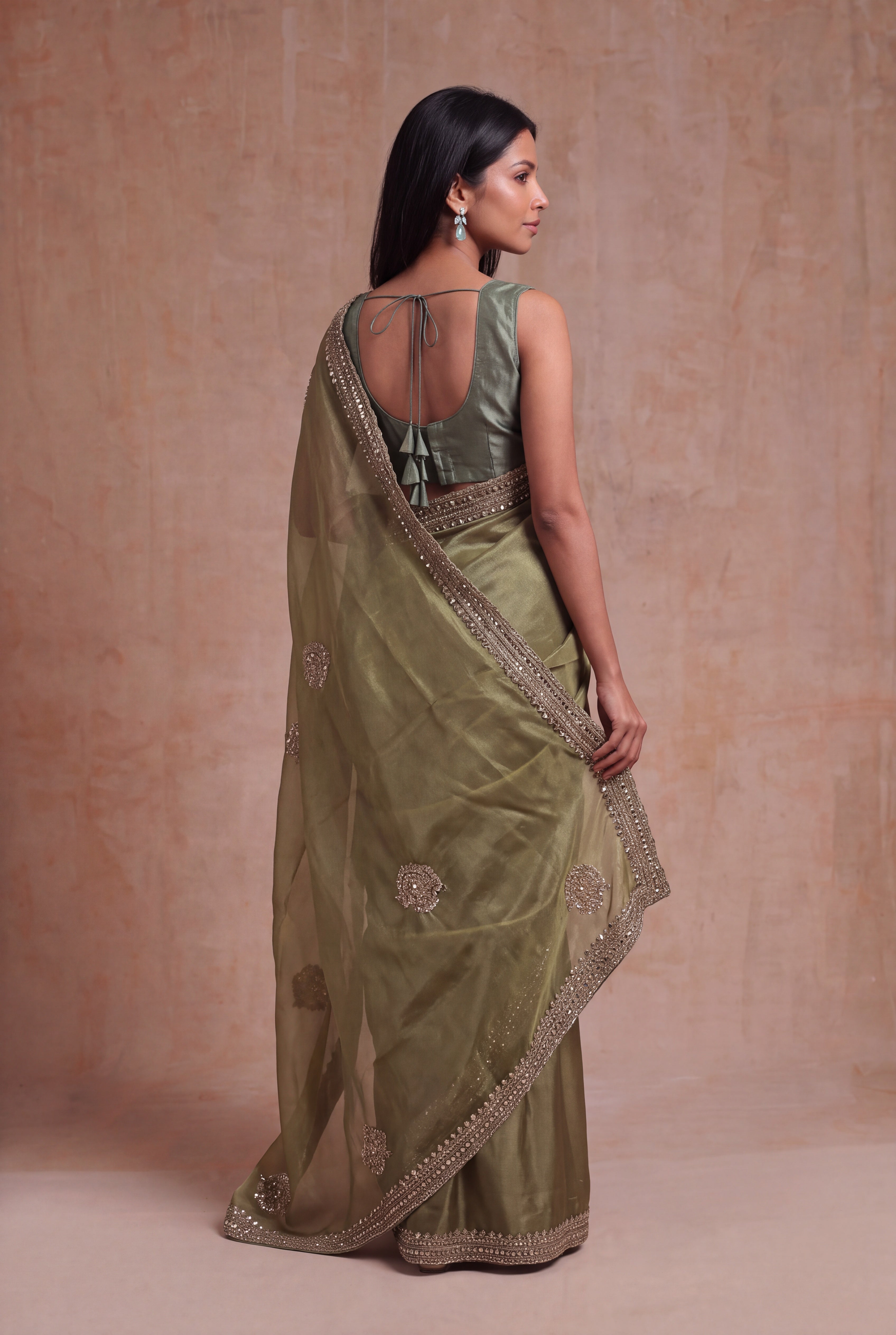 Olive Green Organza Saree with Gold Embellishments