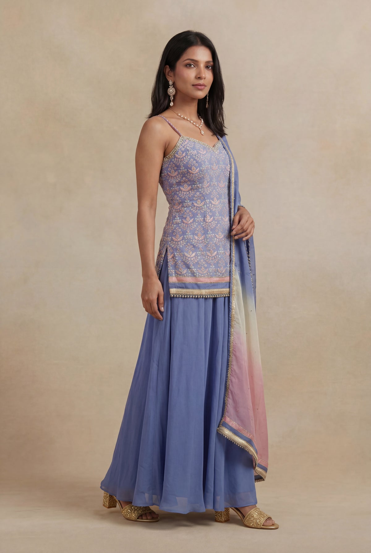 Periwinkle Blue Silk Mirror Work Indo Western Set