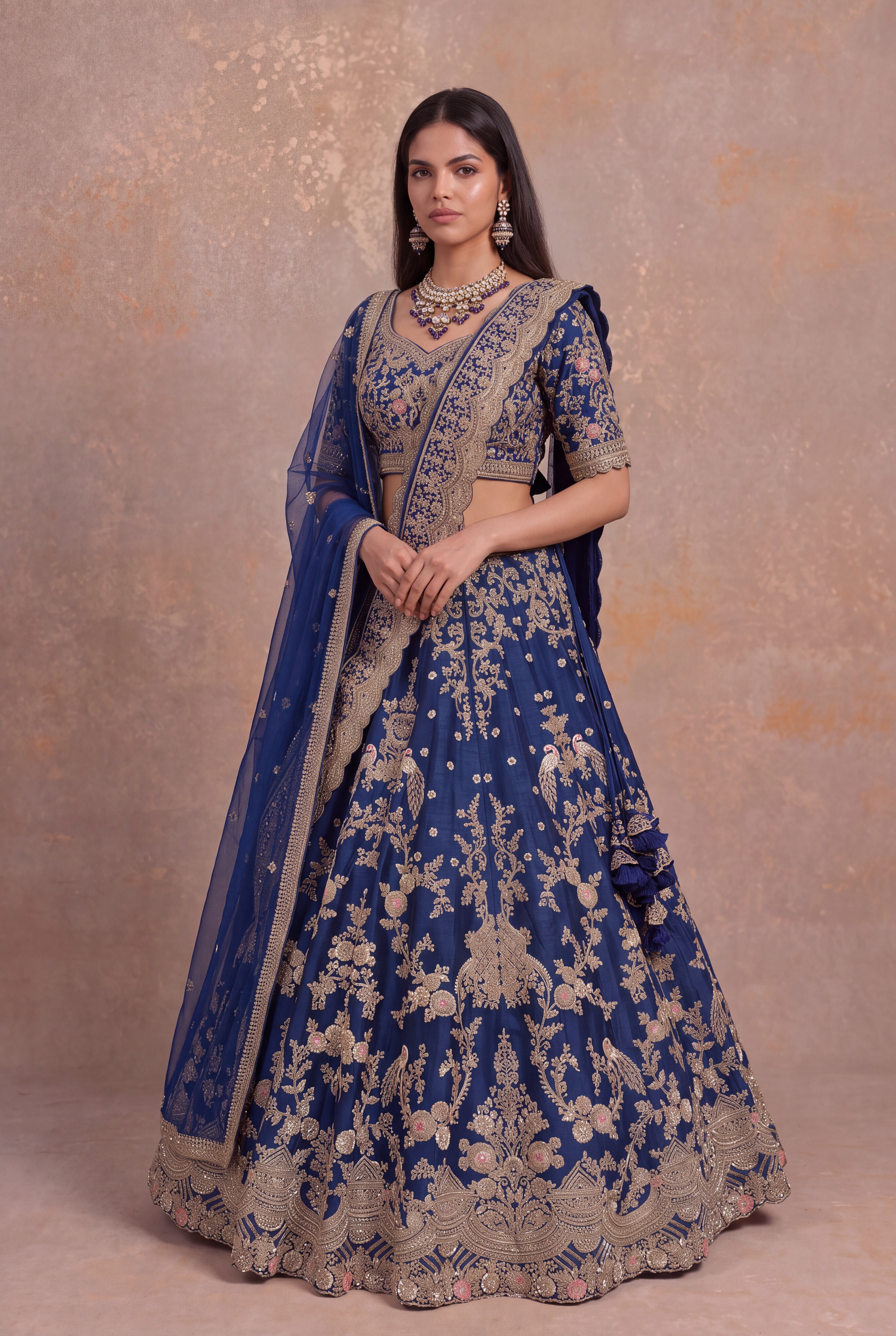 Royal Blue Silk Lehenga with Zardozi Peacock & Floral Embroidery